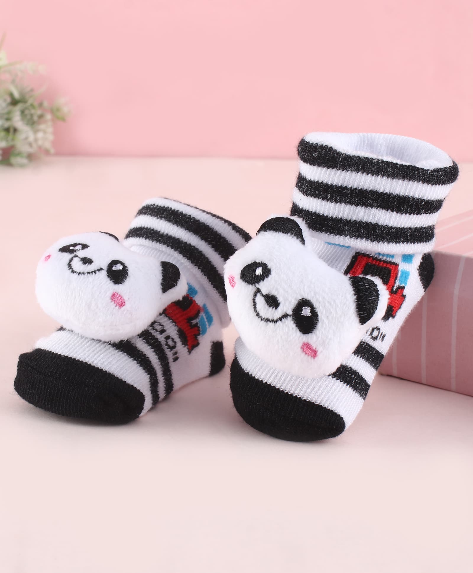 Cute Walk by Babyhug Fabric Socks Shoes With Strips Vehicle & Large Panda Applique - White & Black-picture-11