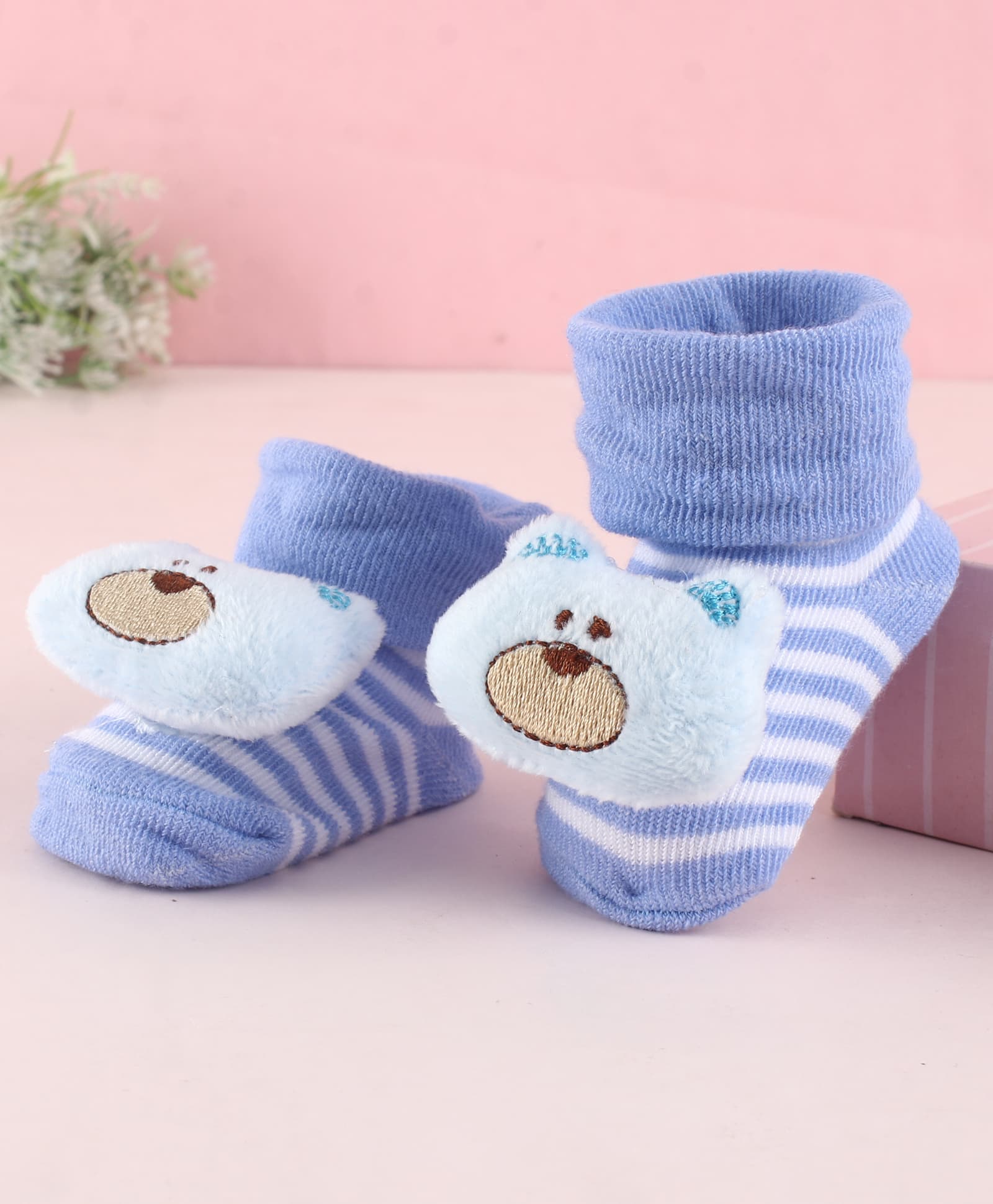 Cute Walk by Babyhug Fabric Socks Shoes With Strips & Large Bear Applique - Blue-picture-21