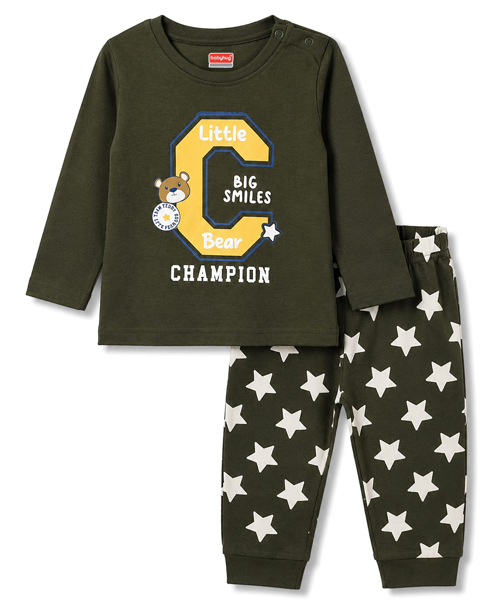 Babyhug Cotton Knit Full sleeves T-Shirts & Pyjama Night Suit With Champion & Star Print - Dark Green-image-46