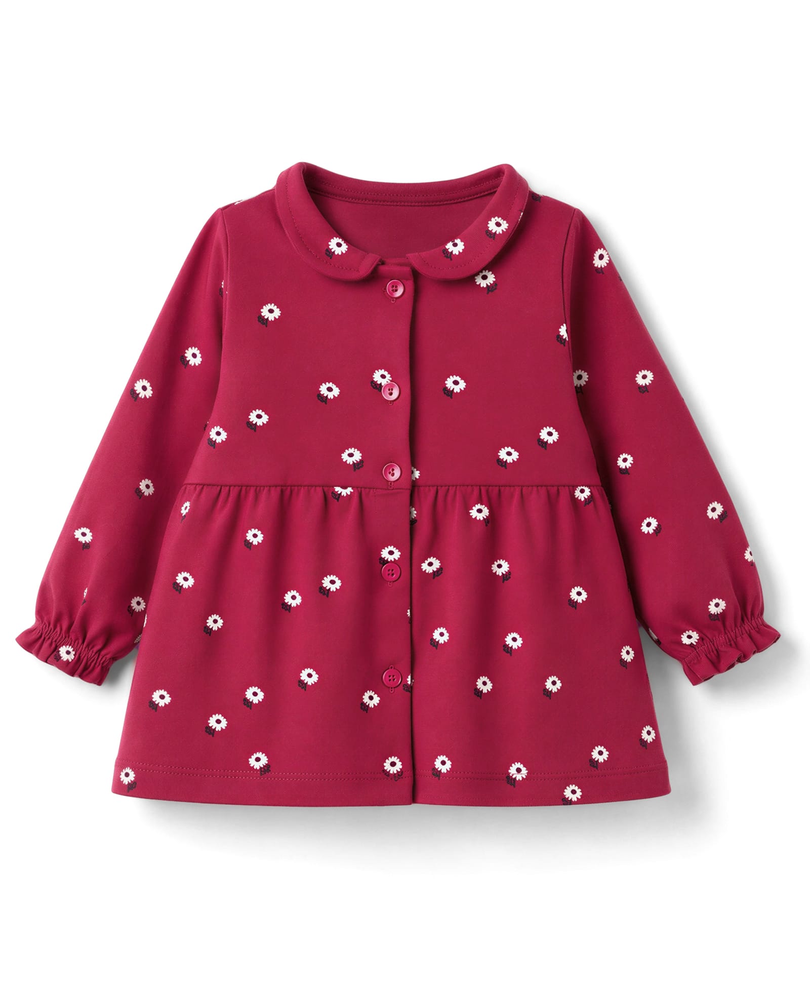 Zero Sinker Knit Full Sleeves Front Open Frock with Peter Pan Collar & Floral Print - Wine-image-9