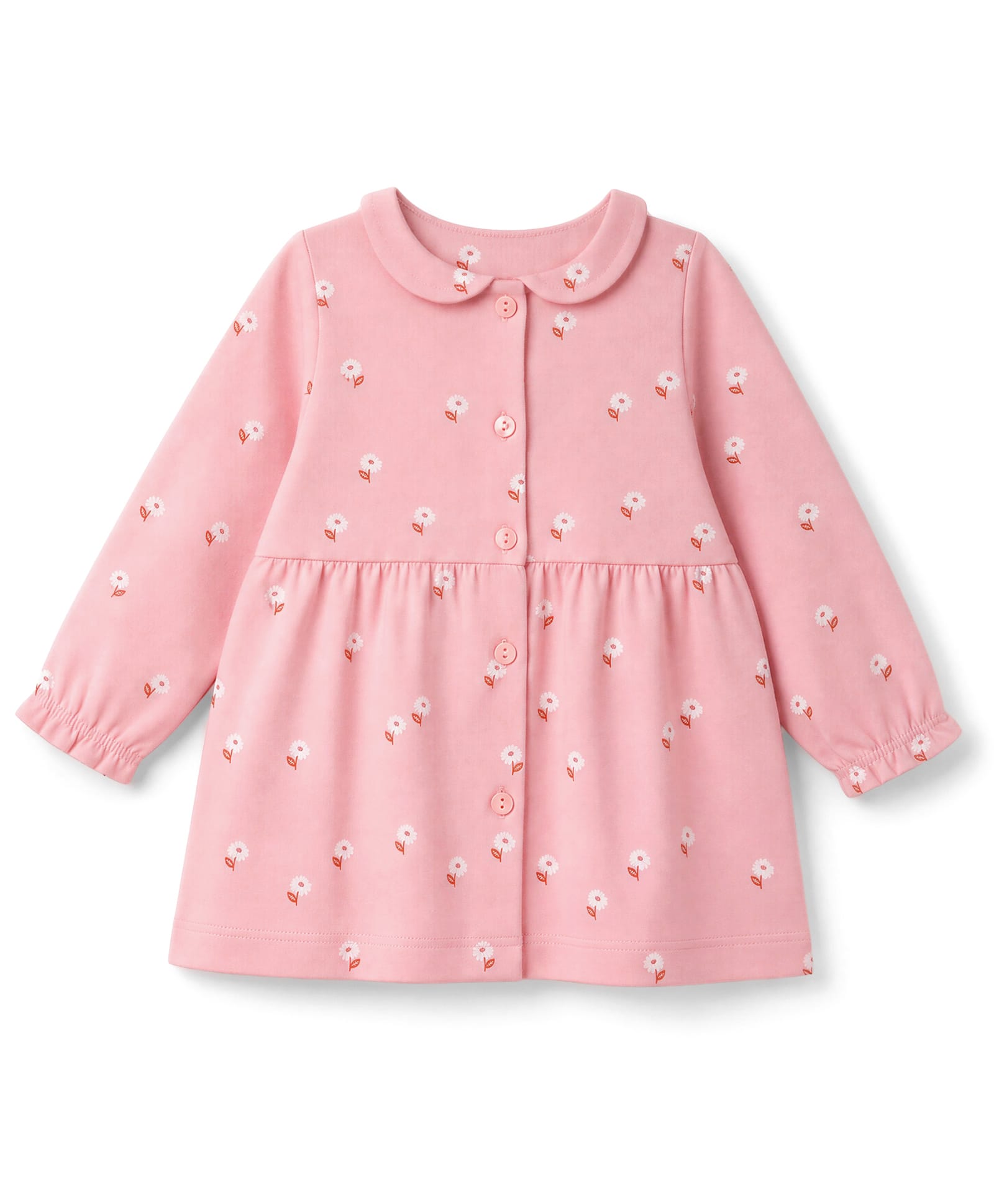 Zero Sinker Knit Full Sleeves Front Open Frock with Peter Pan Collar & Floral Print - Peach-image-8