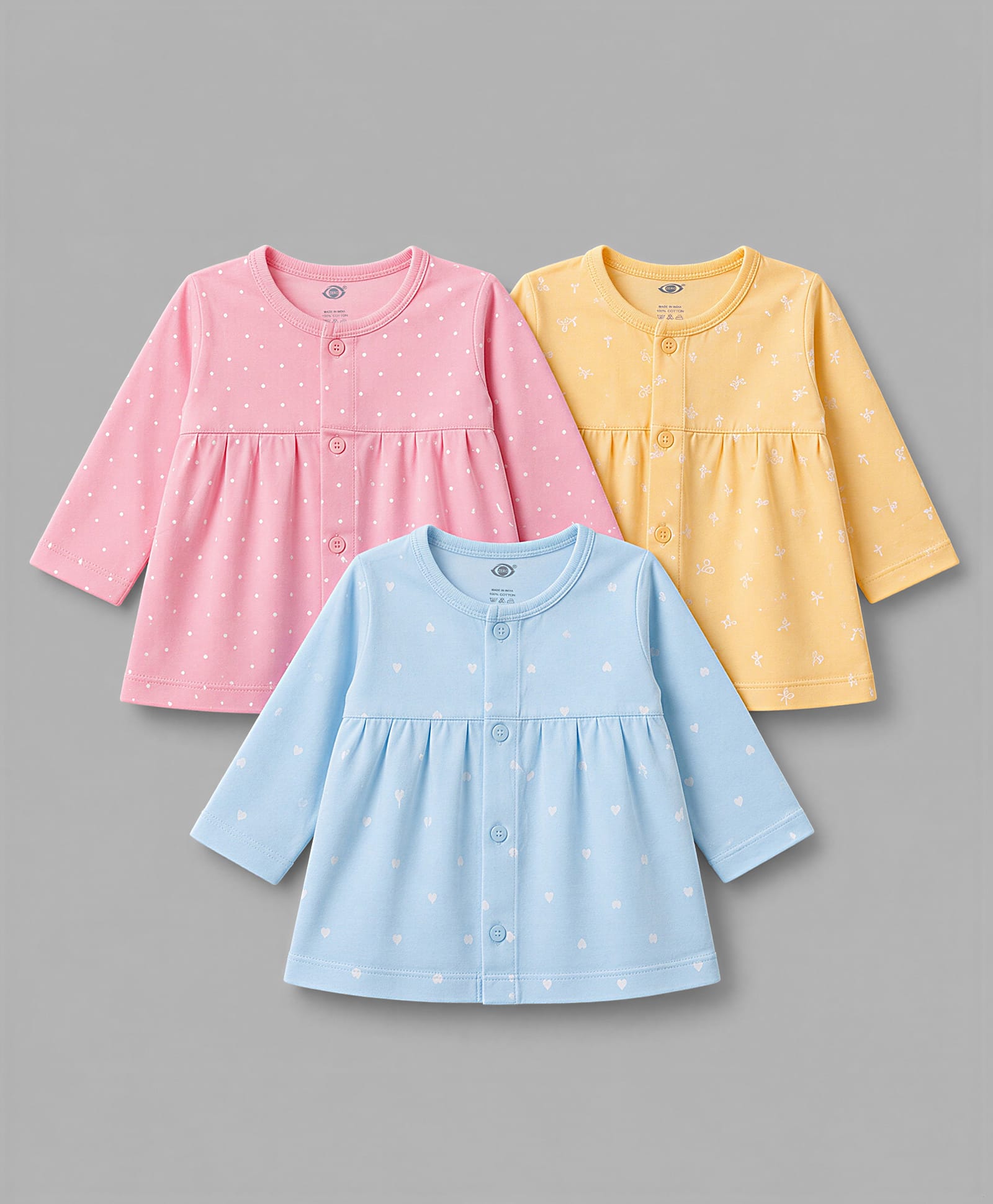 Zero Sinker Knit Full Sleeves Frocks With Floral, Heart & Polka Dot Print Pack of 3- Light Orange , Pink & Aqua Blue-picture-46