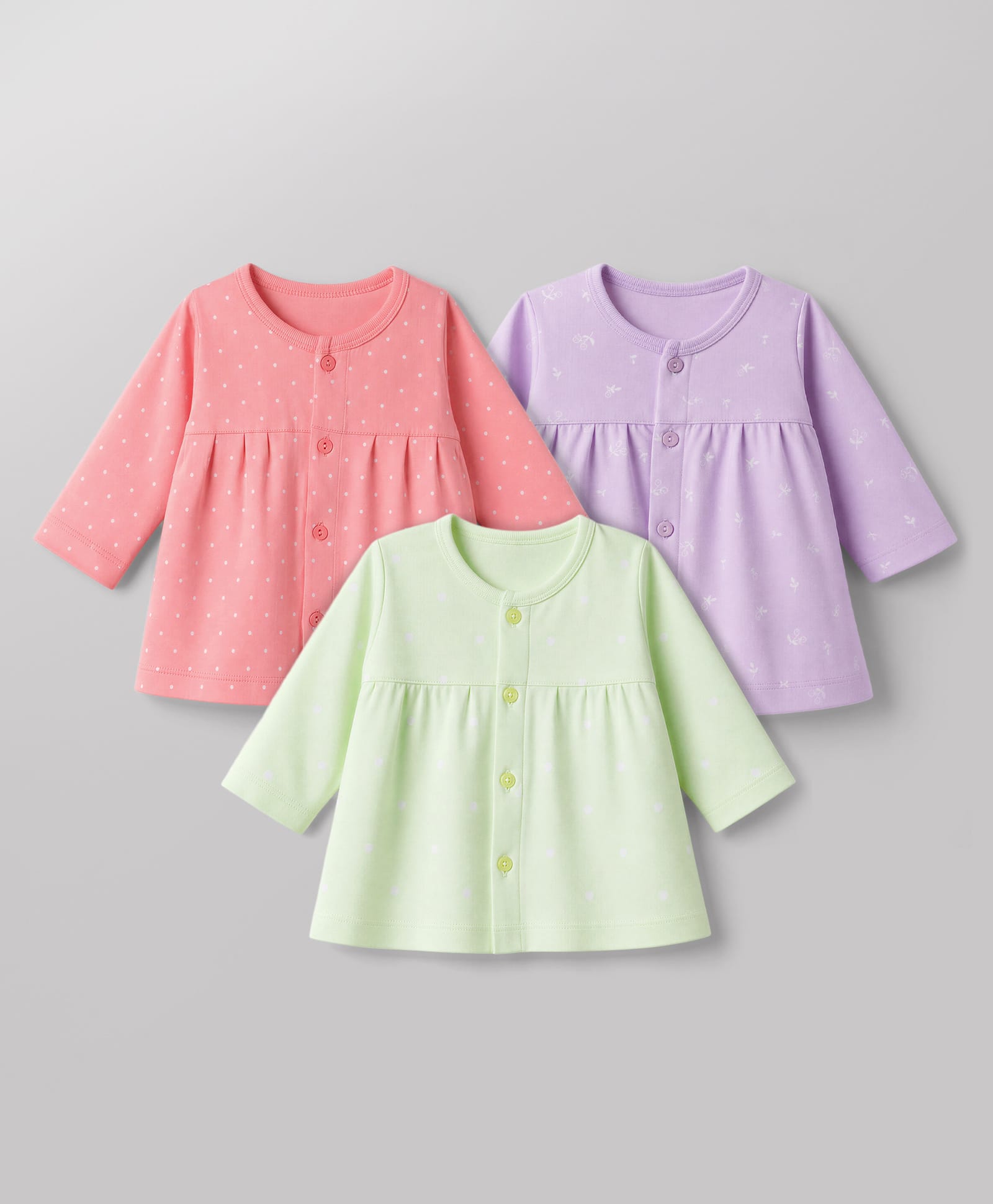 Zero Sinker Knit Full Sleeves Frocks With Floral, Heart & Polka Dot Print Pack of 3- Light Green , Lilac & Peach-picture-14