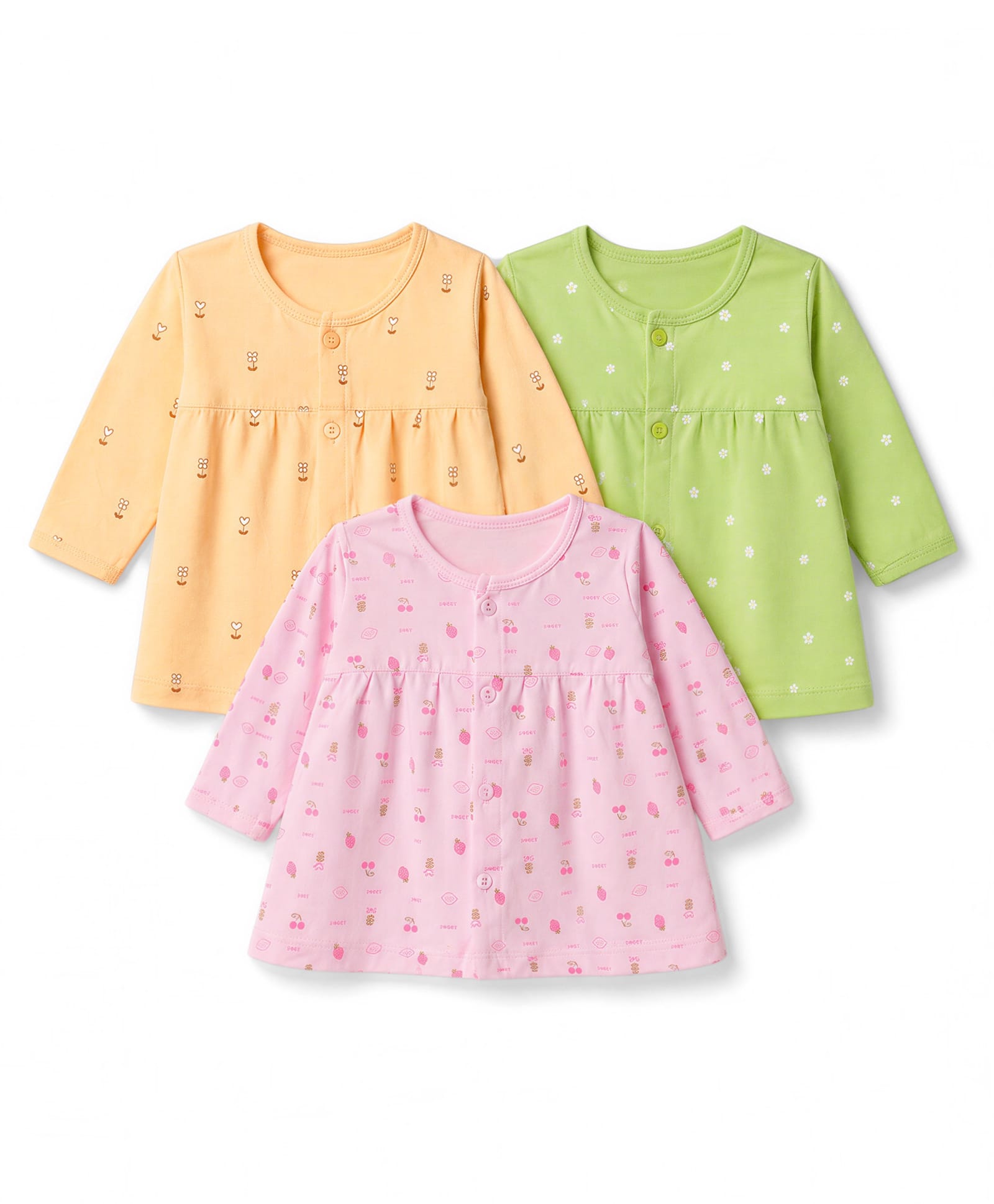 Zero Sinker Knit Full Sleeves Frocks With Floral Print Pack of 3- Light Green ,Pink & Light Orange-image-19