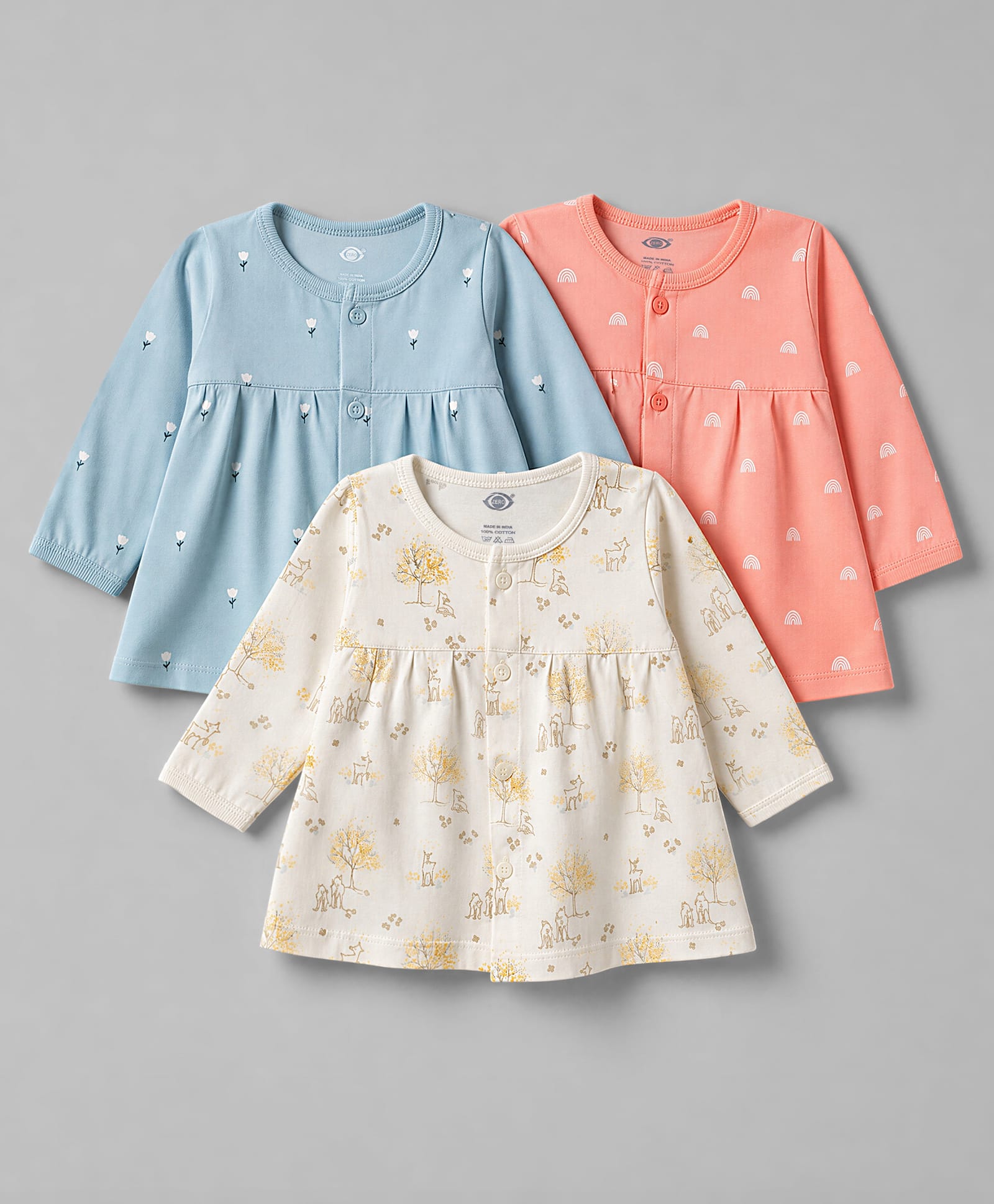 Zero Sinker Knit Full Sleeves Frocks With Floral, Rainbow & Nature Print Pack of 3- Off White , Peach & Light Blue-image-15