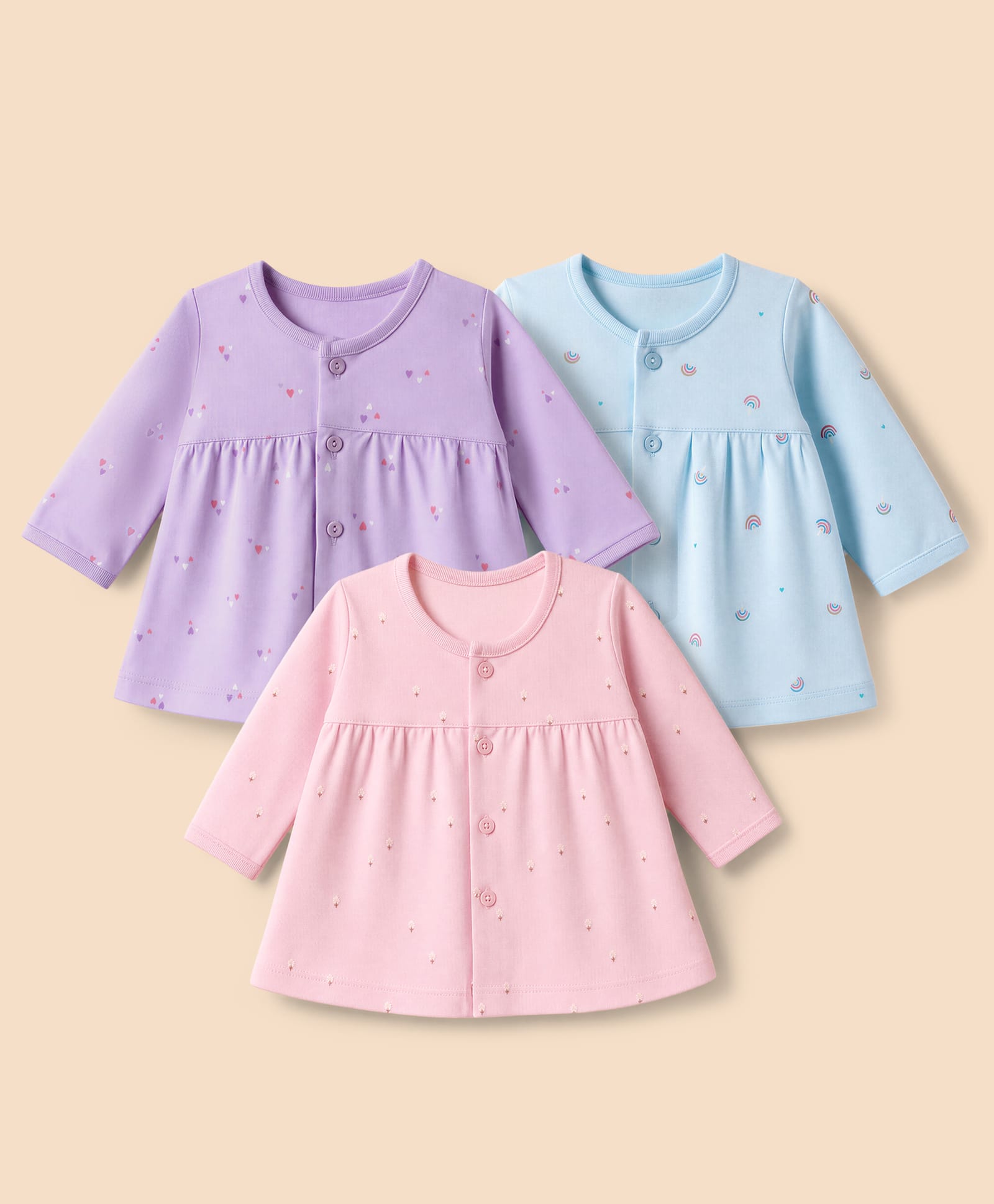 Zero Sinker Knit Full Sleeves Frocks With Floral, Heart & Rainbow Print Pack of 3- Lilac, Aqua Blue & Peach-picture-39