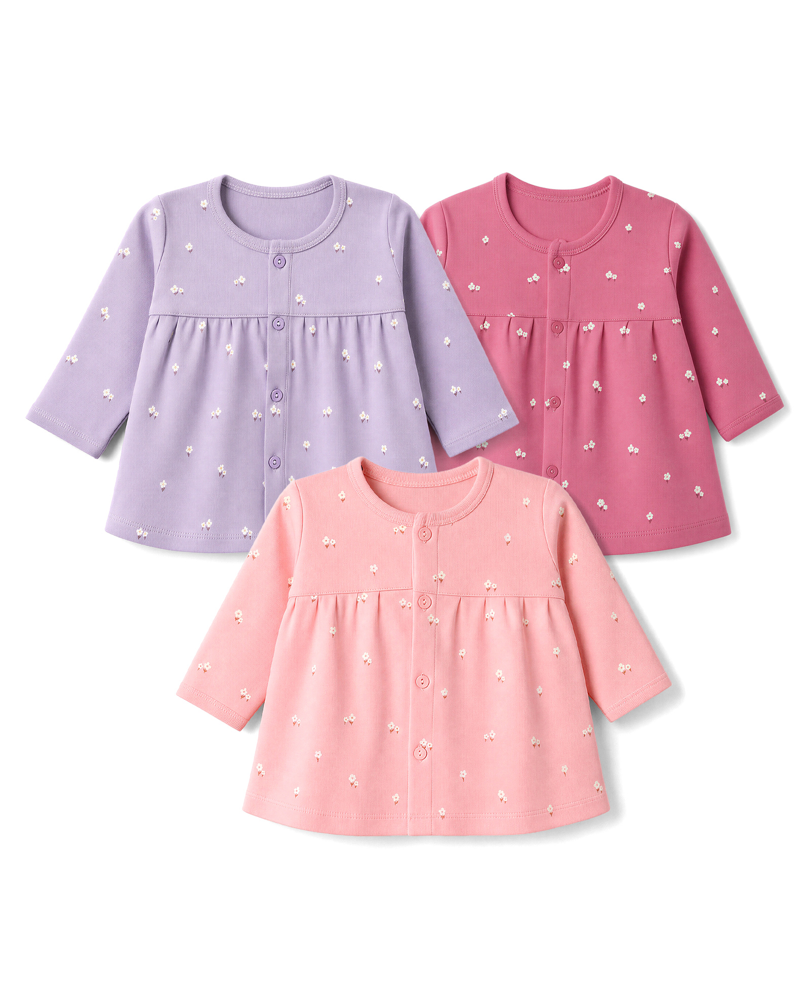Zero Sinker Knit Full Sleeves Frocks With Floral Print Pack of 3- Dark Pink , Lilac & Peach-picture-27