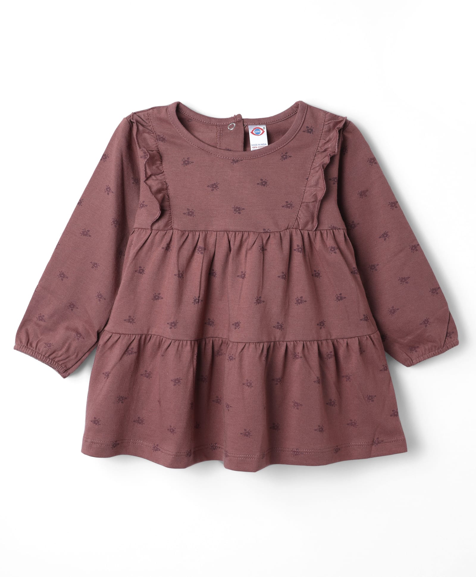 Zero Sinker Knit Full Sleeves Frock With Floral Print- Brown-picture-2