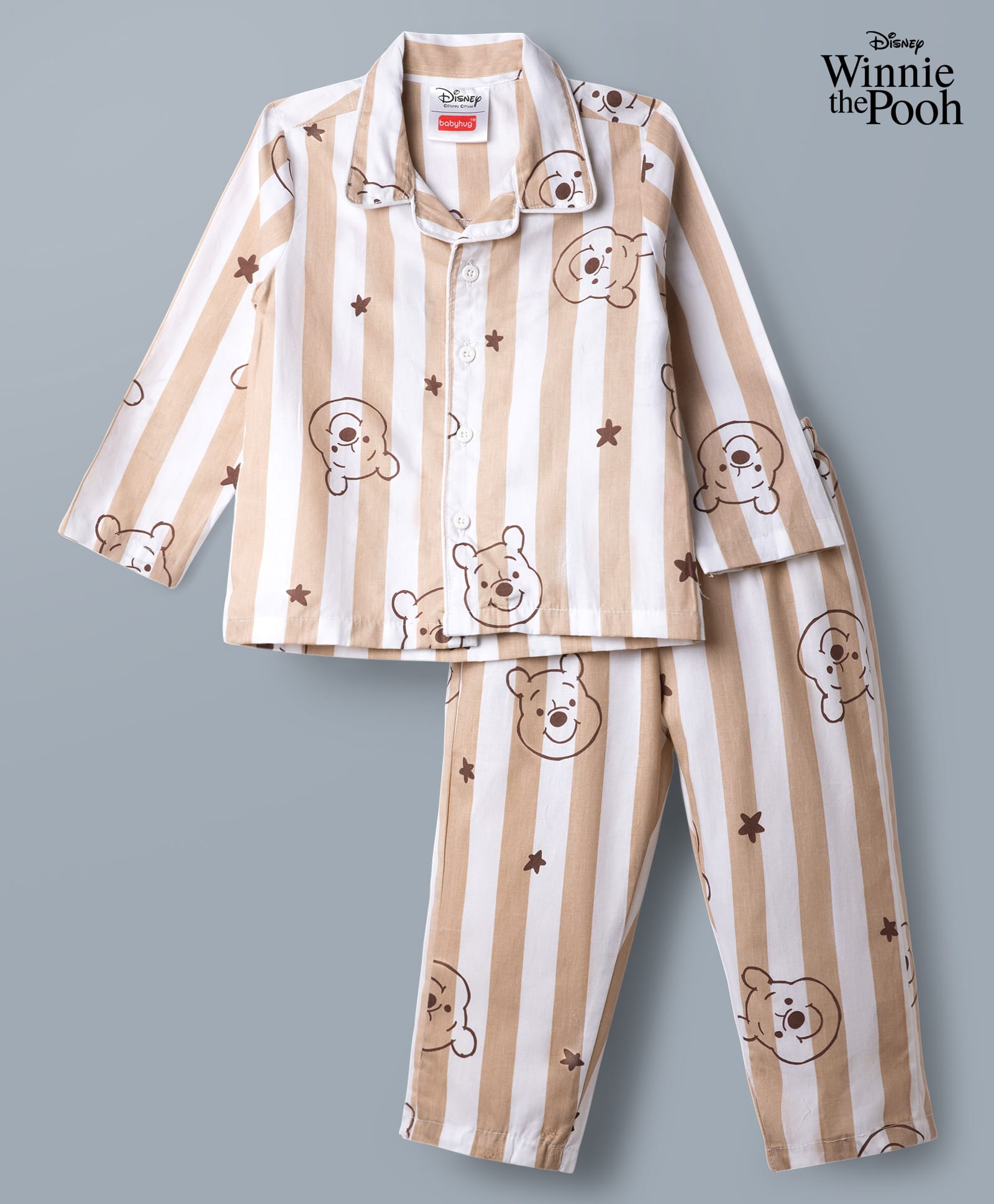 Babyhug Disney 100% Cotton Woven Full Sleeves Striped Co-Ords Shirt & Pyjama Night Suit With Winnie The Pooh Graphic - Tan-picture-15