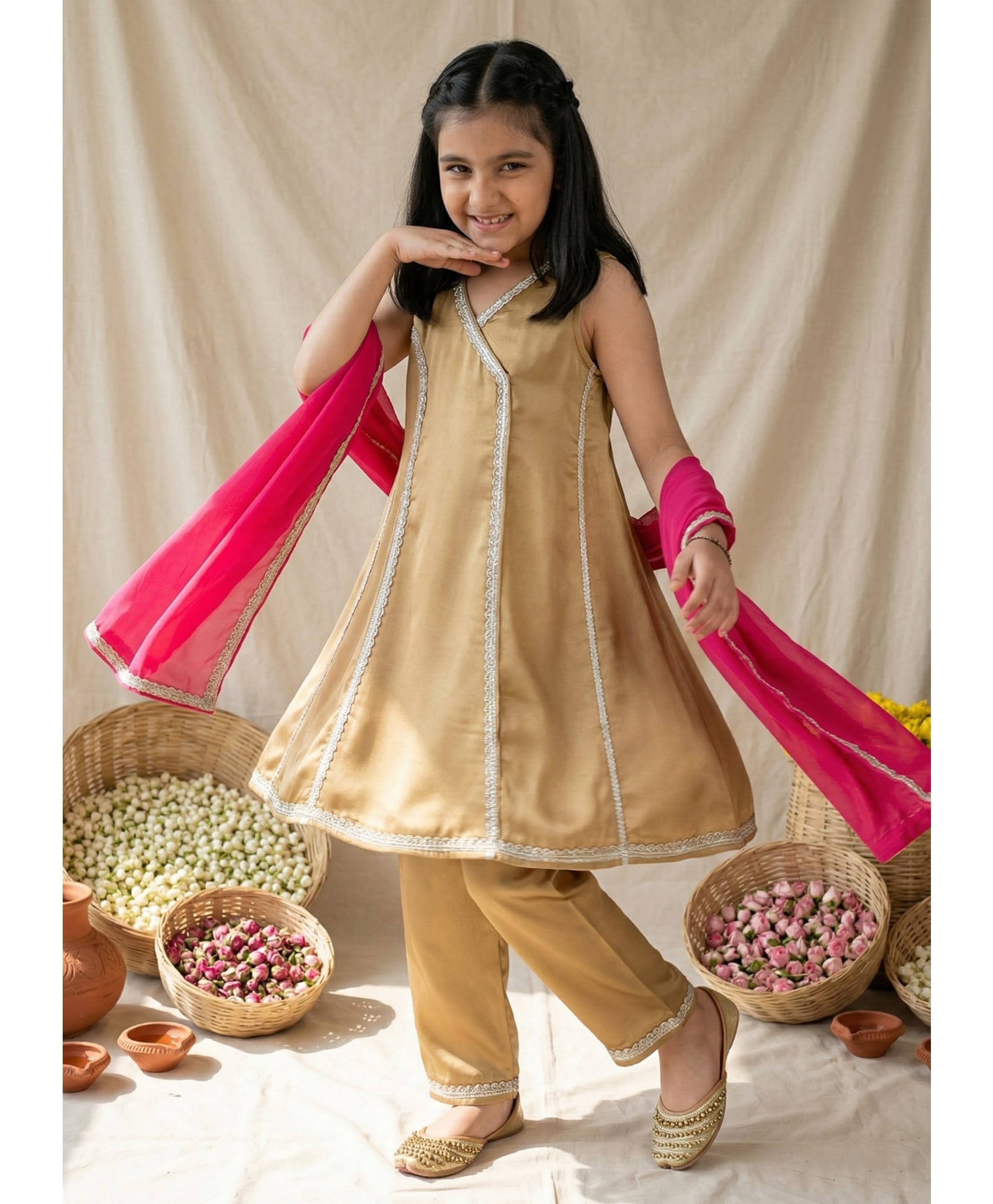 Tales & Stories Viscose Woven Sleeveless Lace Embellished Kurti & Pant Set With Dupatta - Khaki-image-42