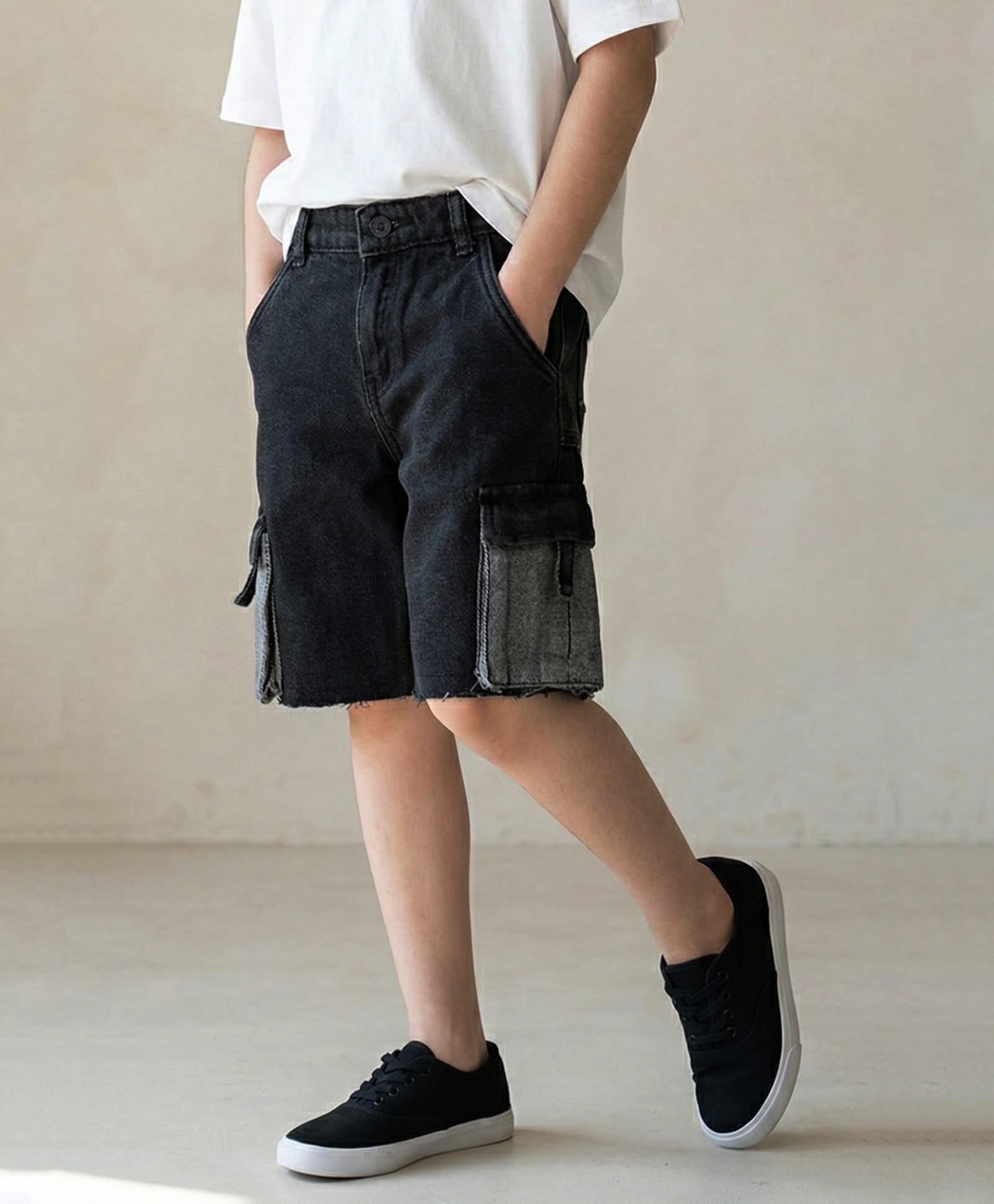 Tales & Stories Denim Washed Cargo Shorts - Black-image-47