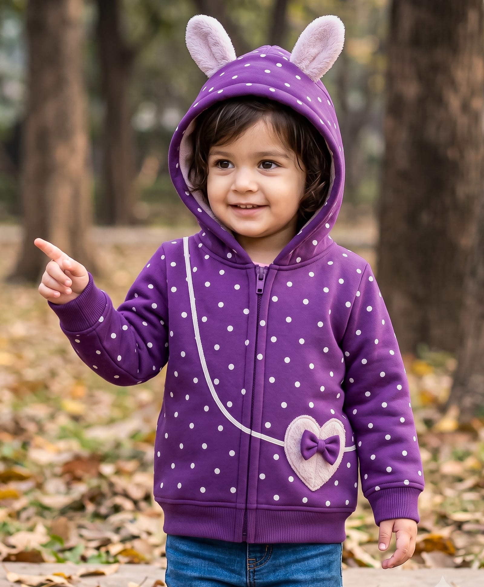 Babyhug Fleece Knit Full Sleeves Hooded Sweat Jacket with Polka Dots Print & Bow Applique - Purple-image-18