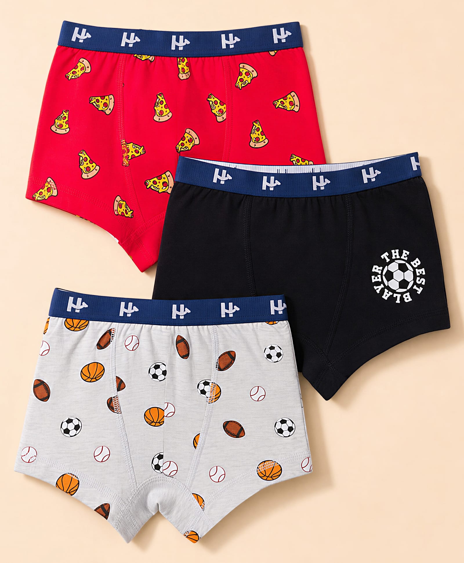 Honeyhap Premium 95% Cotton 5% Spandex Knit Pizza & Ball Printed Trunks With Bio Finish Pack of 3 - High Risk Red/Black Beauty/Whitemelange-picture-8