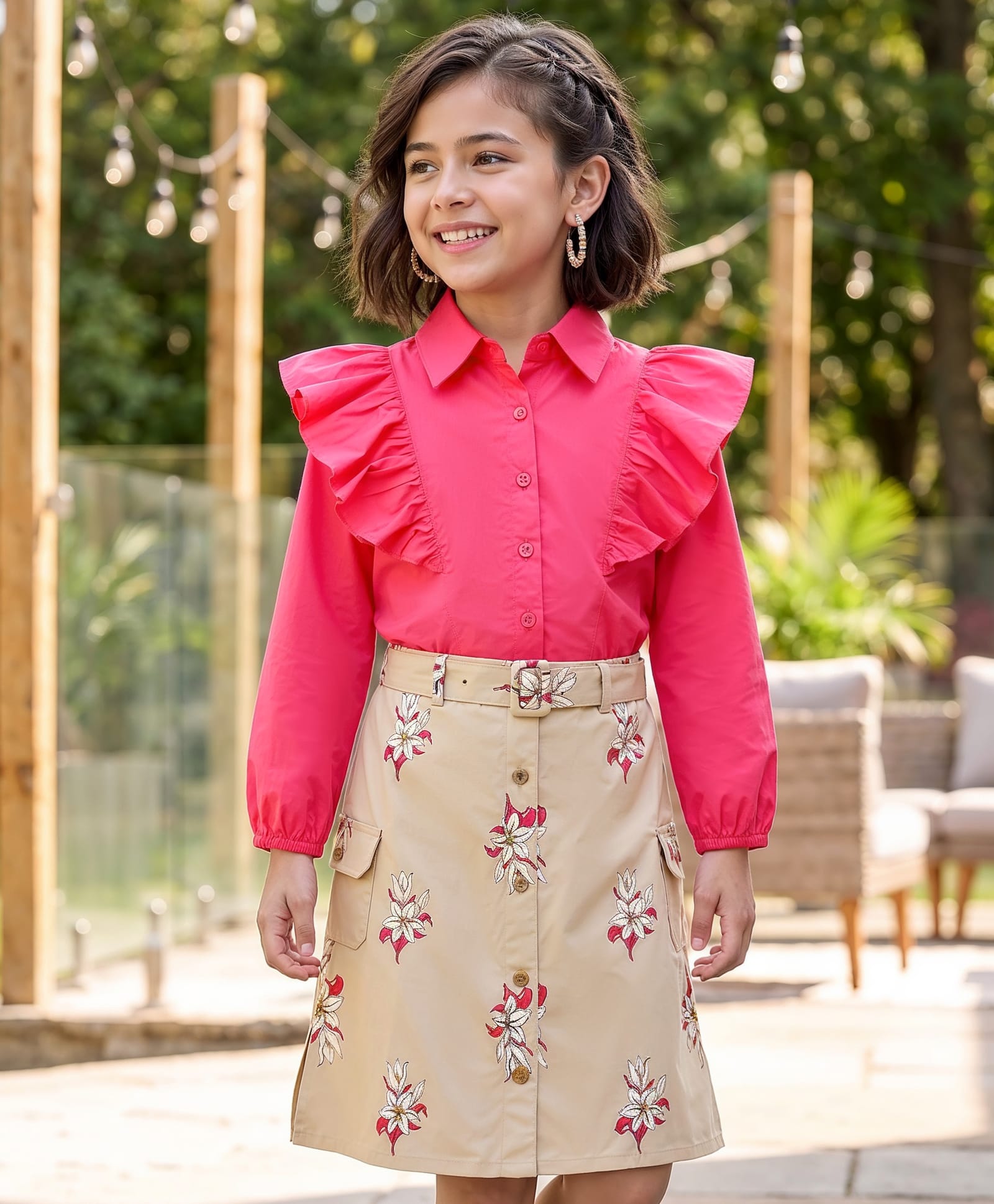 OLLINGTON ST. Cotton Woven Full Sleeves Top & Printed Lycra Twill Skirt With Floral Print - Dark Pink & Beige-image-45