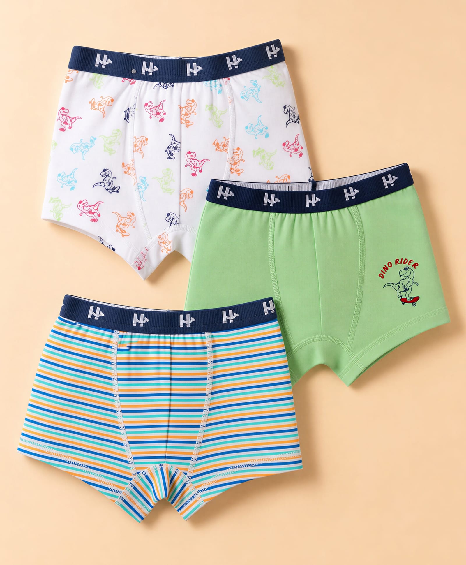 Honeyhap Premium Cotton Elastane Striped Trunks With Dino Print & Bio Finish Pack of 3 - Bright White & Patinagreen-picture-42