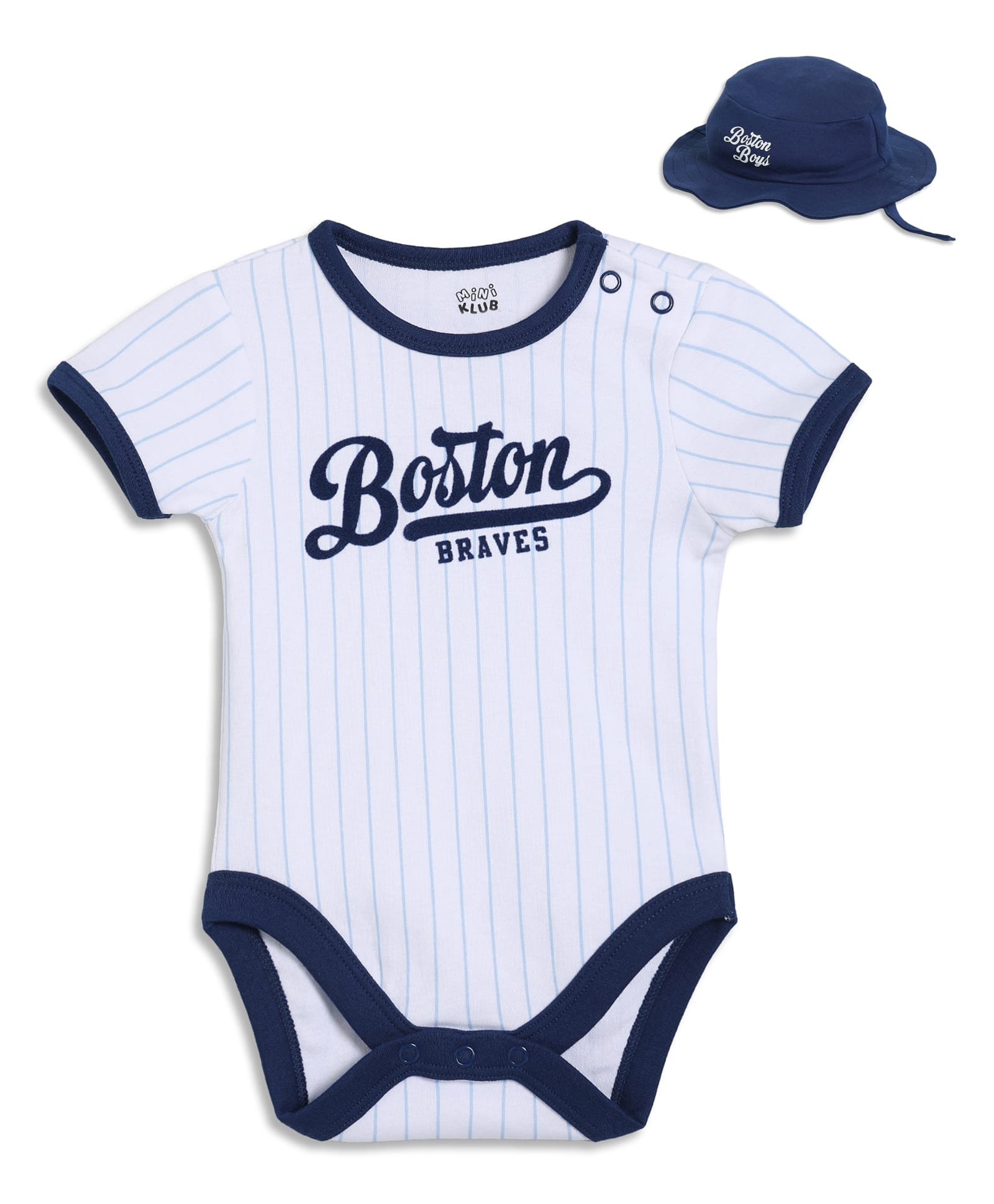 MINI KLUB Cotton Knit Half Sleeves Boston Text Printed With Hat - White & Navy Blue-picture-23