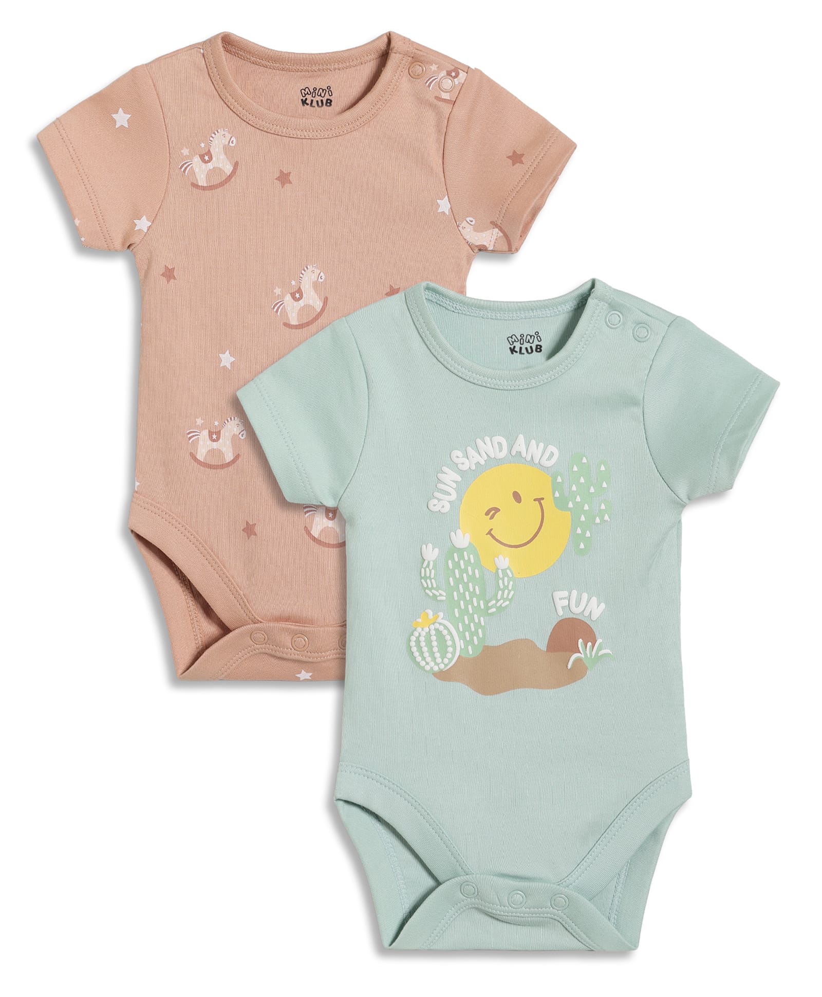 MINI KLUB Cotton Knit Pack Of 2 Half Sleeves Horse & Sun Printed Onesies - Tan & Blue-picture-8
