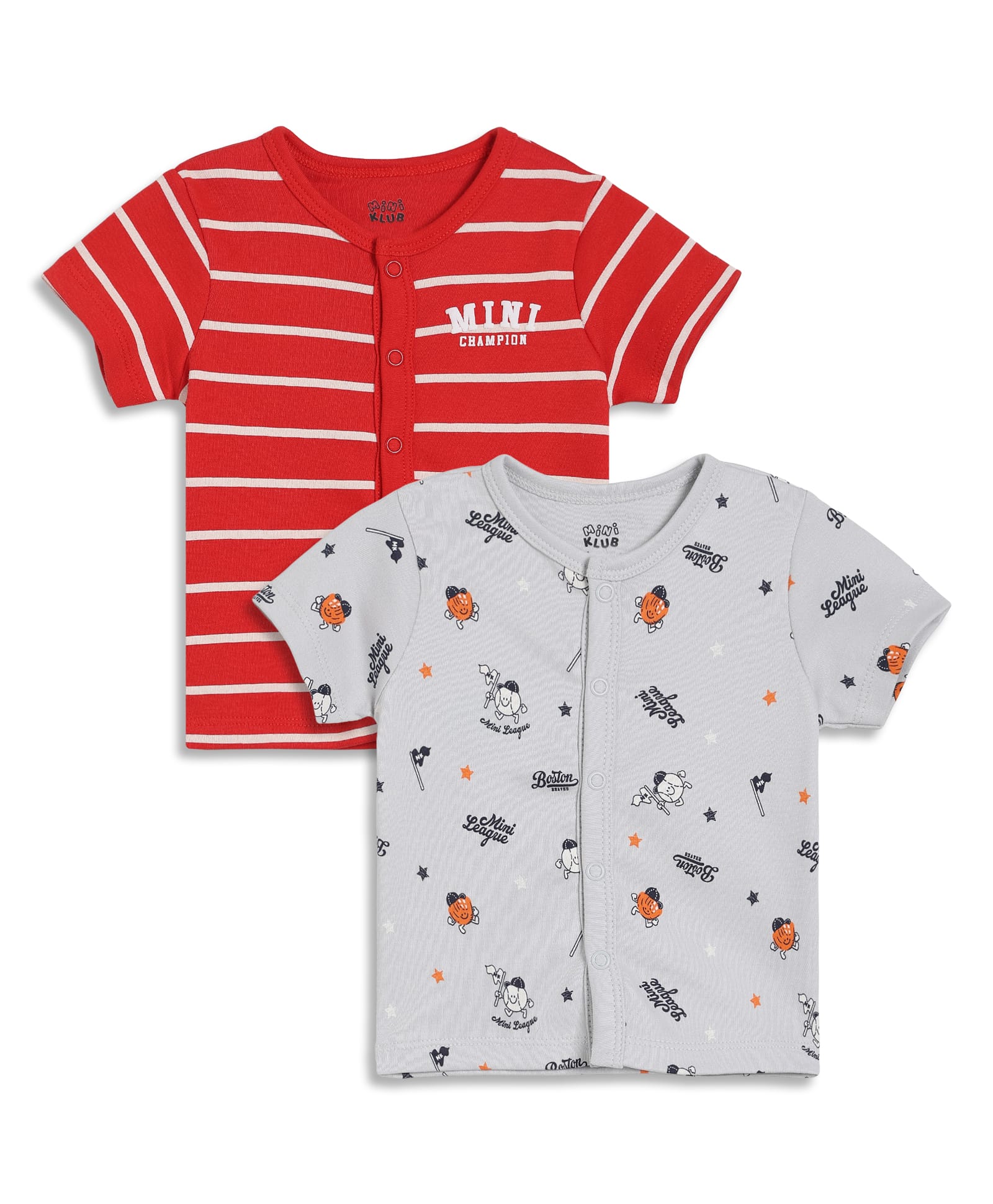 MINI KLUB Cotton Pack Of 2 Half Sleeves Striped & Mini League Text Printed Vests - Red & Grey-picture-39
