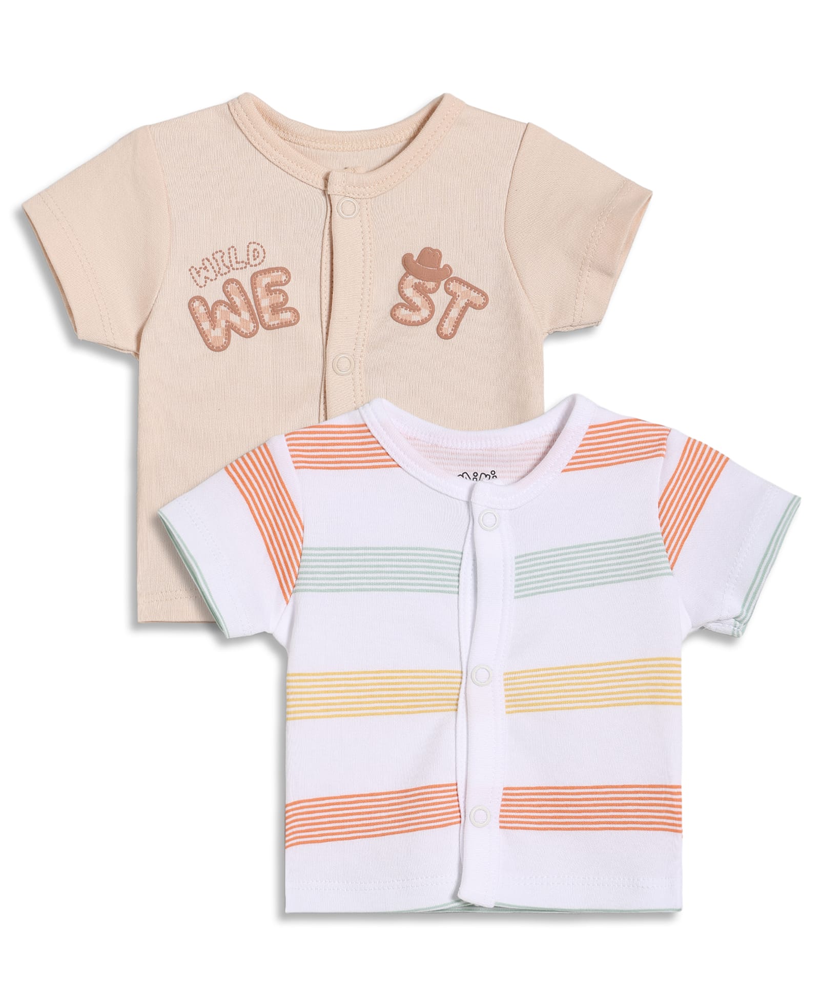 MINI KLUB Cotton Knit Pack Of 2 Half Sleeves Striped & West Text Embroidered Vests - Beige & White-picture-24