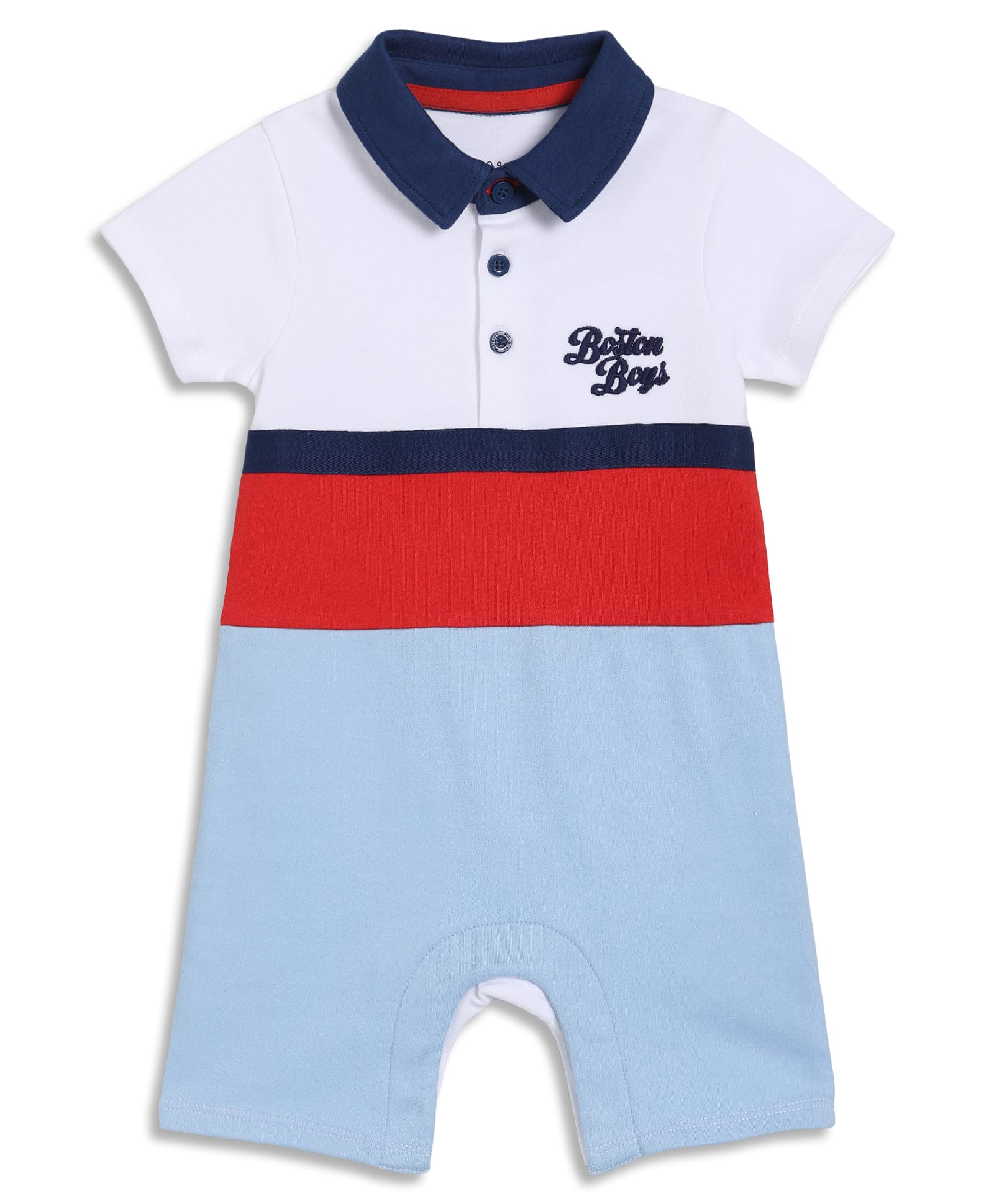 MINI KLUB Cotton Knit Half Sleeves Colour Blocked & Boston Boys Text Printed Romper - White & Blue-picture-12