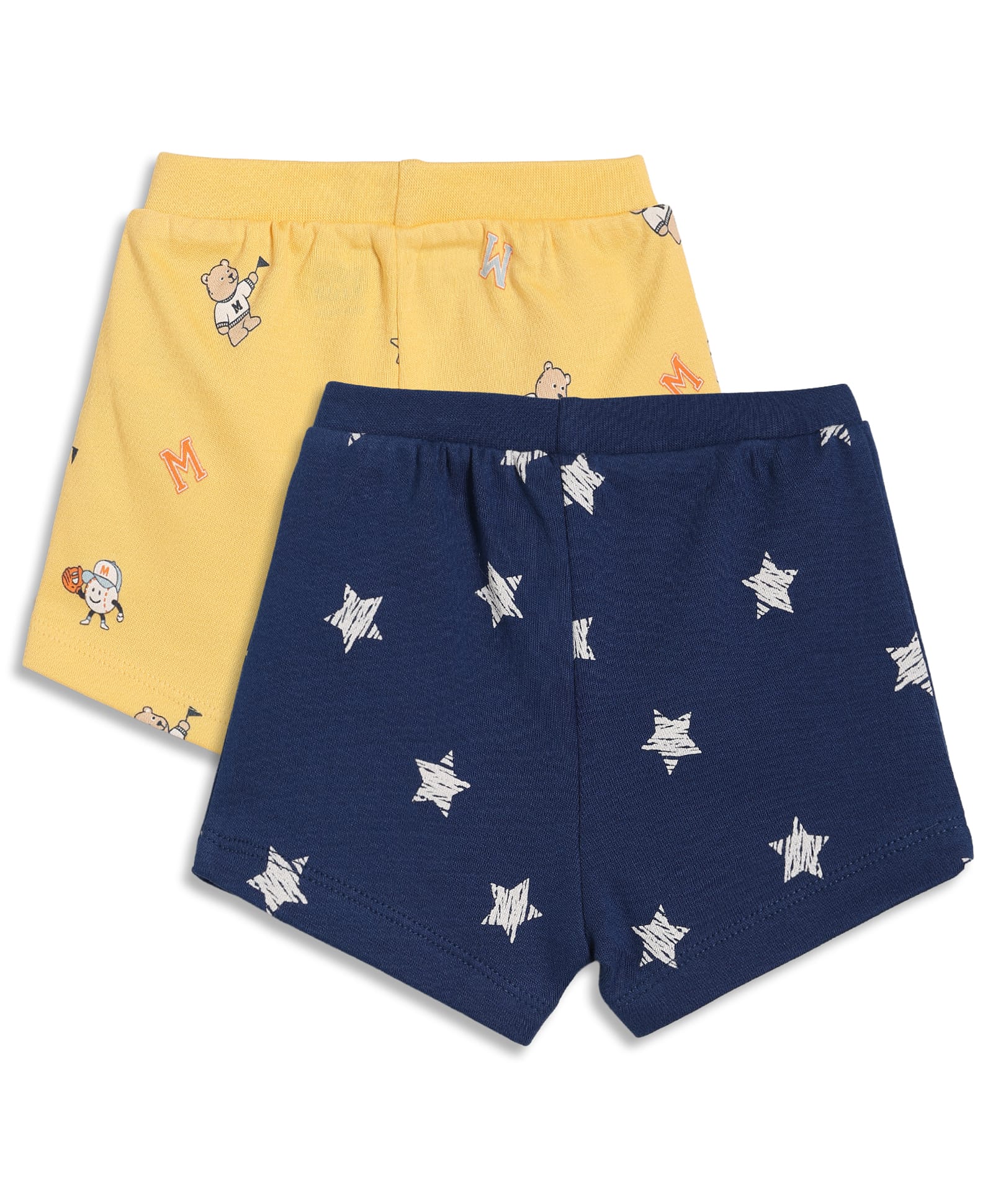 MINI KLUB Cotton Knit Pack Of 2 Stars & Bear Printed Shorts - Yellow & Navy Blue-picture-13