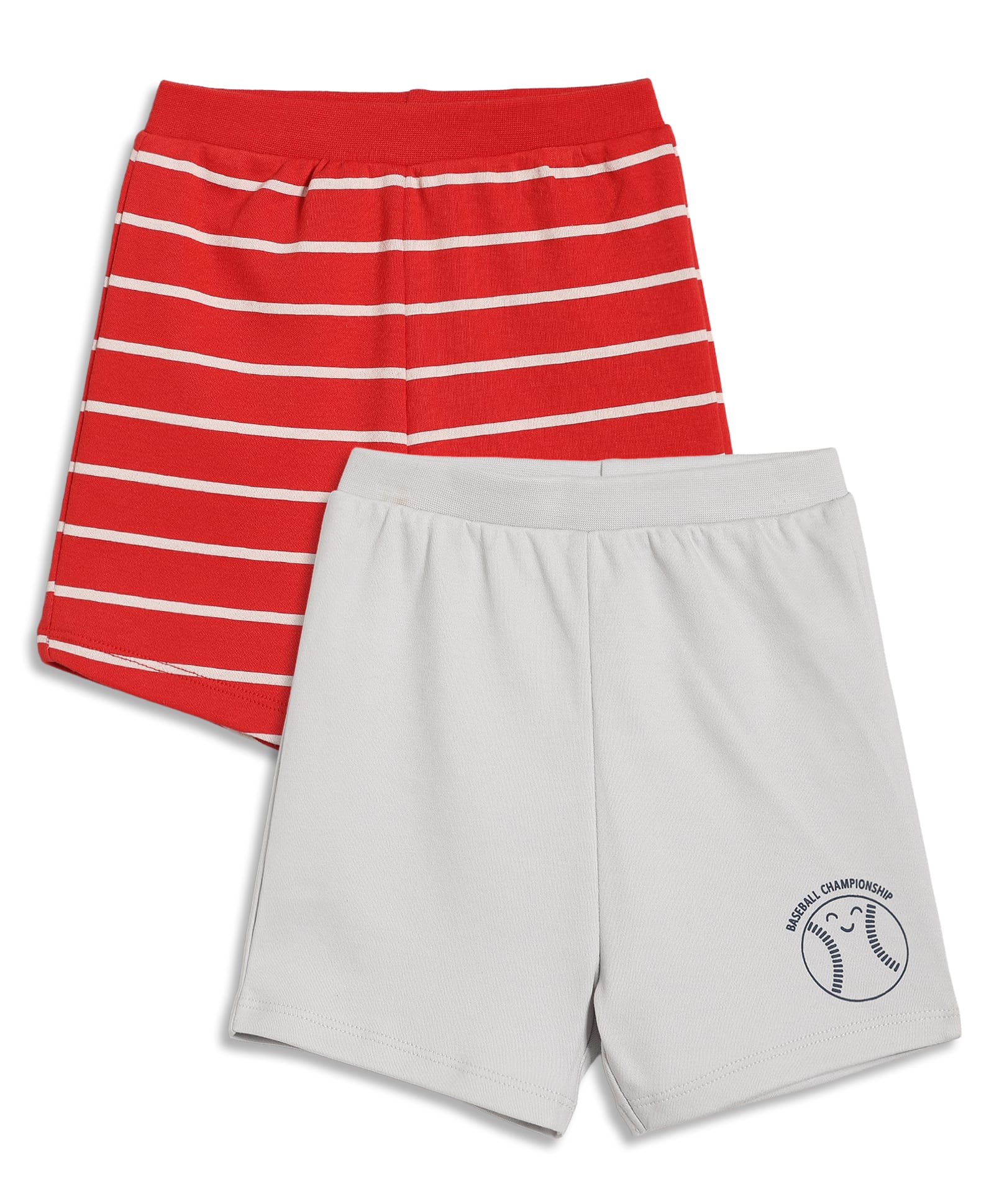 MINI KLUB Cotton Knit Pack Of 2 Ball Printed & Striped Shorts - Red & Off White-image-16