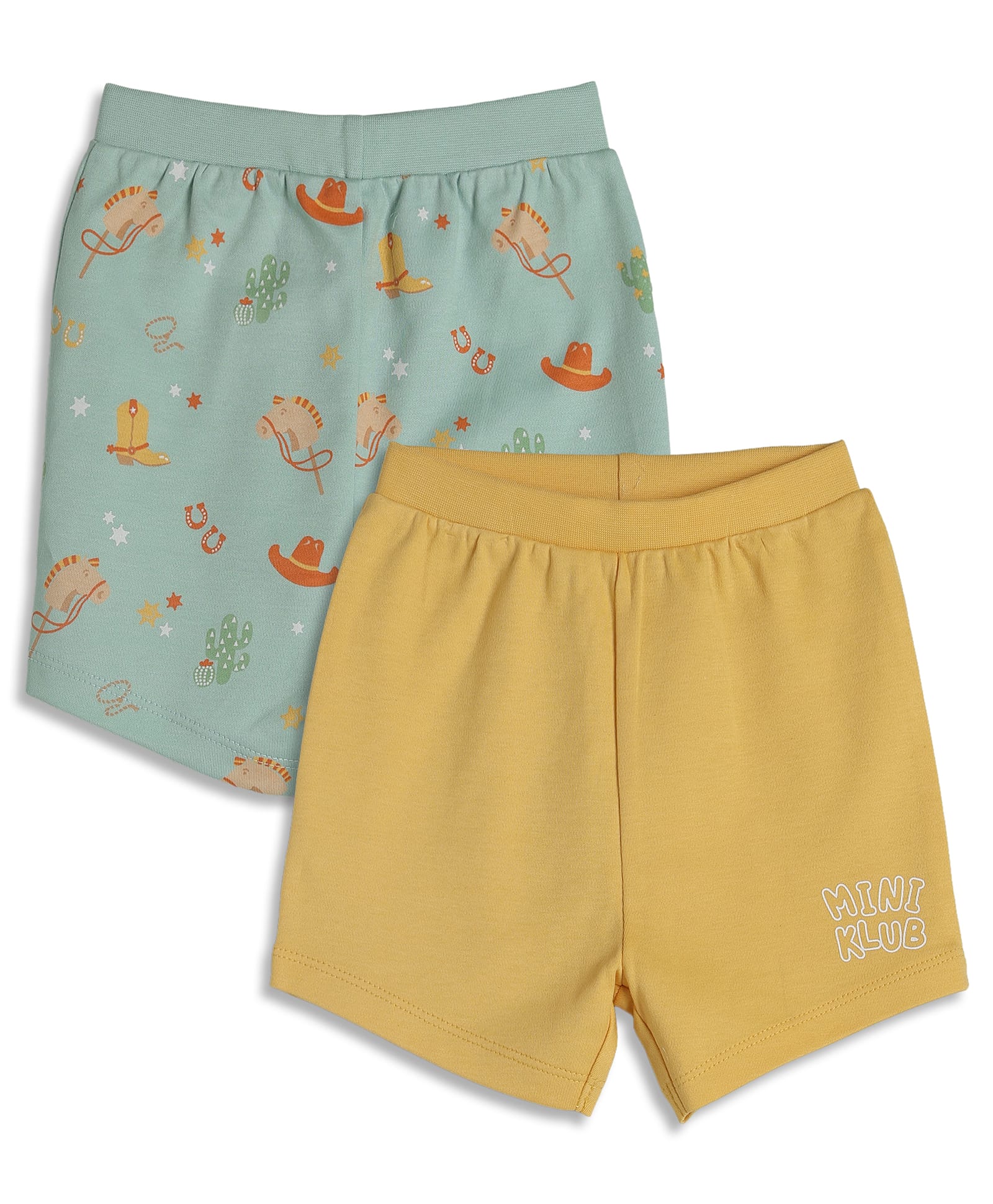 MINI KLUB Cotton Knit Pack Of 2 Solid & Cowboy Theme Printed Shorts - Mustard & Grey-picture-26