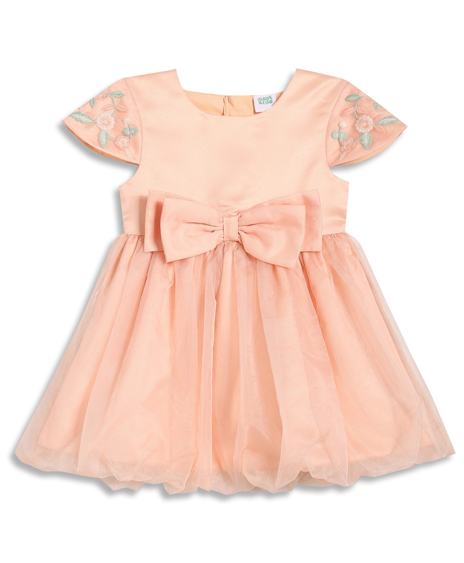 MINI KLUB Woven Half Sleeves Floral Embroidered & Bow Applique Detailed Dress - Peach-image-35