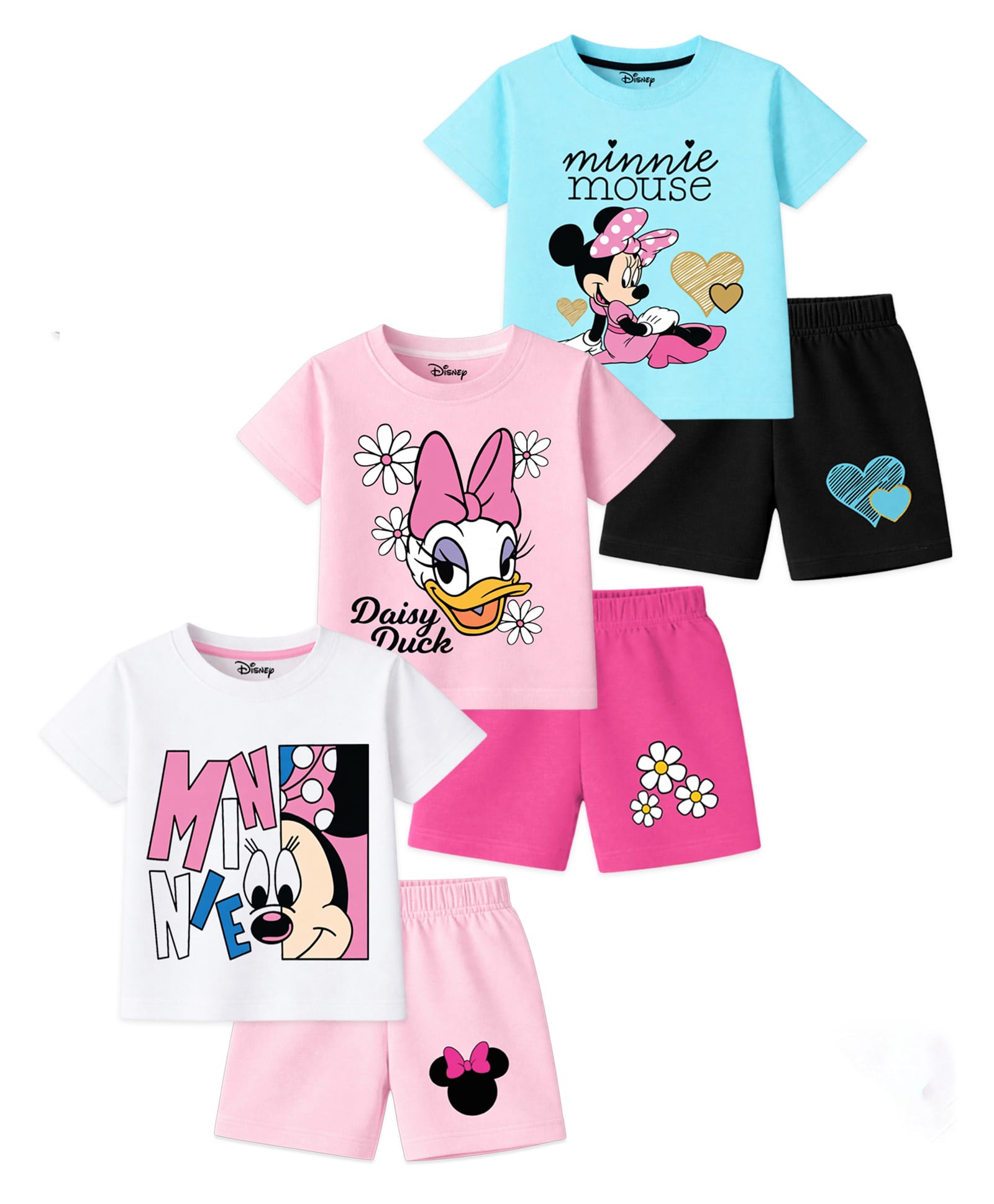 KUCHIPOO Cotton Blend Knit Pack of 3 Micky & Friends Featuring Half Sleeves Characters Printed Tees & Shorts Set - Blue Pink White & Black-image-49
