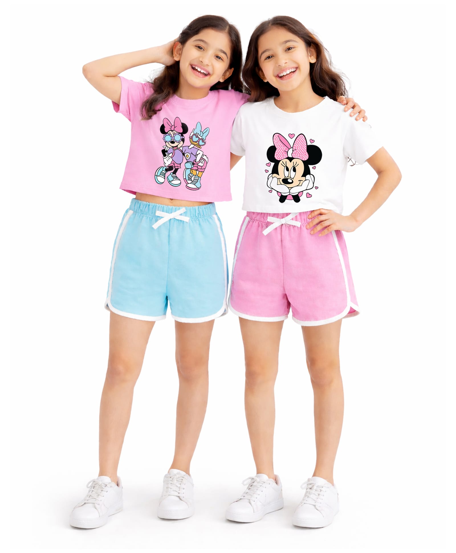 KUCHIPOO Cotton Blend Knit Pack of 2 Micky & Friends Featuring Half Sleeves Characters Printed Tees & Shorts Set - Pink White & Blue-image-12