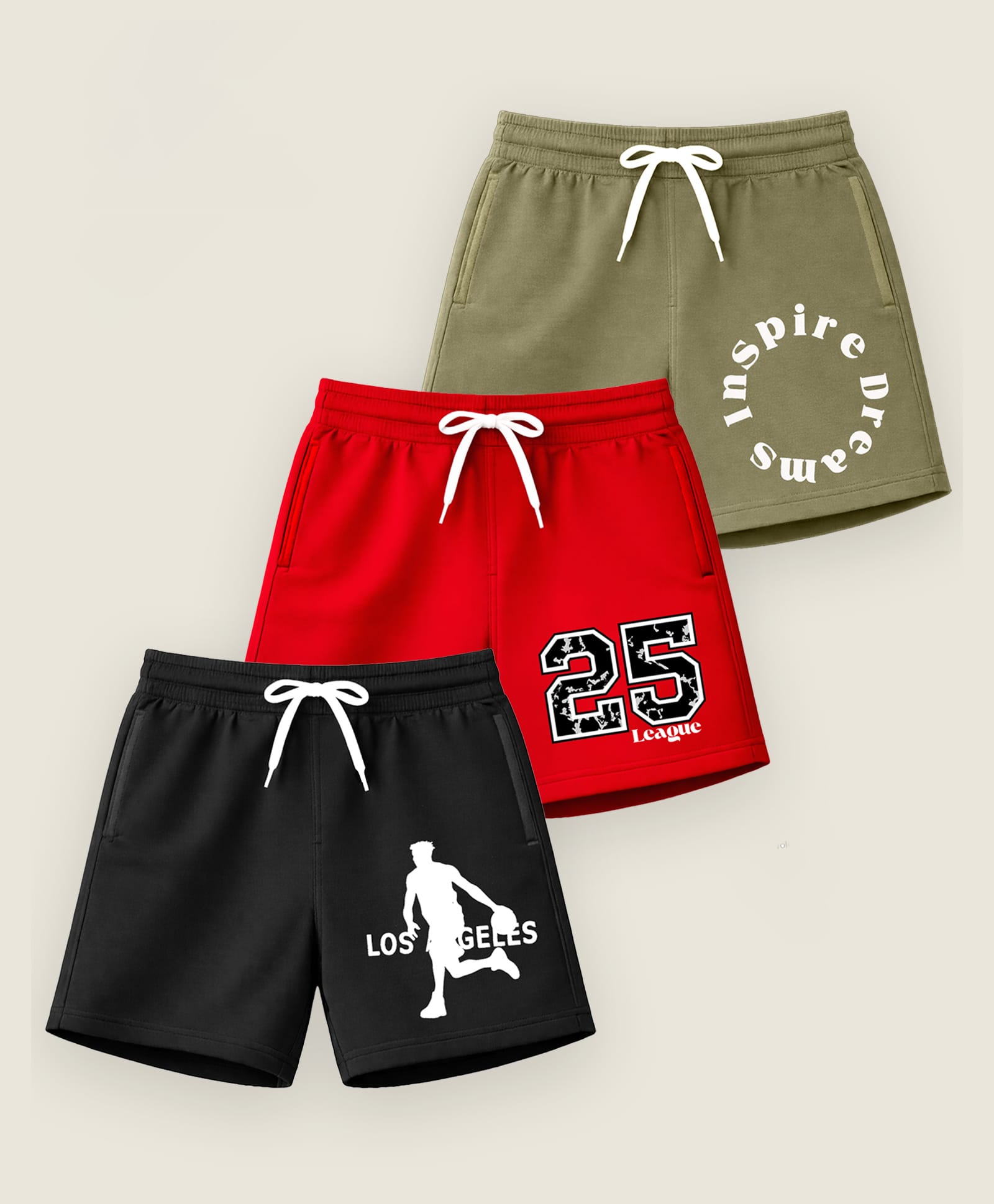 KUCHIPOO Cotton Blend Knit Pack of 3 Los Angeles & Inspire Dreams Text Printed Shorts - Green Red & Black-picture-11