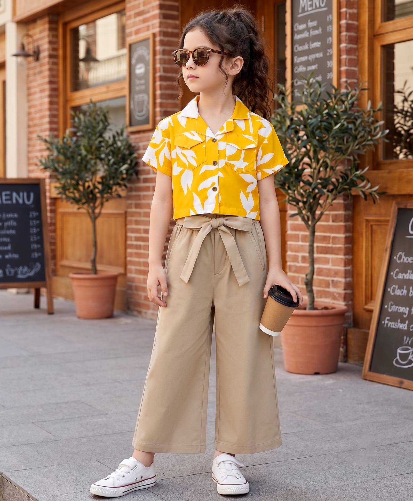 OLLINGTON ST. Viscose Woven Half Sleeve Printed Shirt & Culottes Set with Belt- Yellow & Tan-image-16
