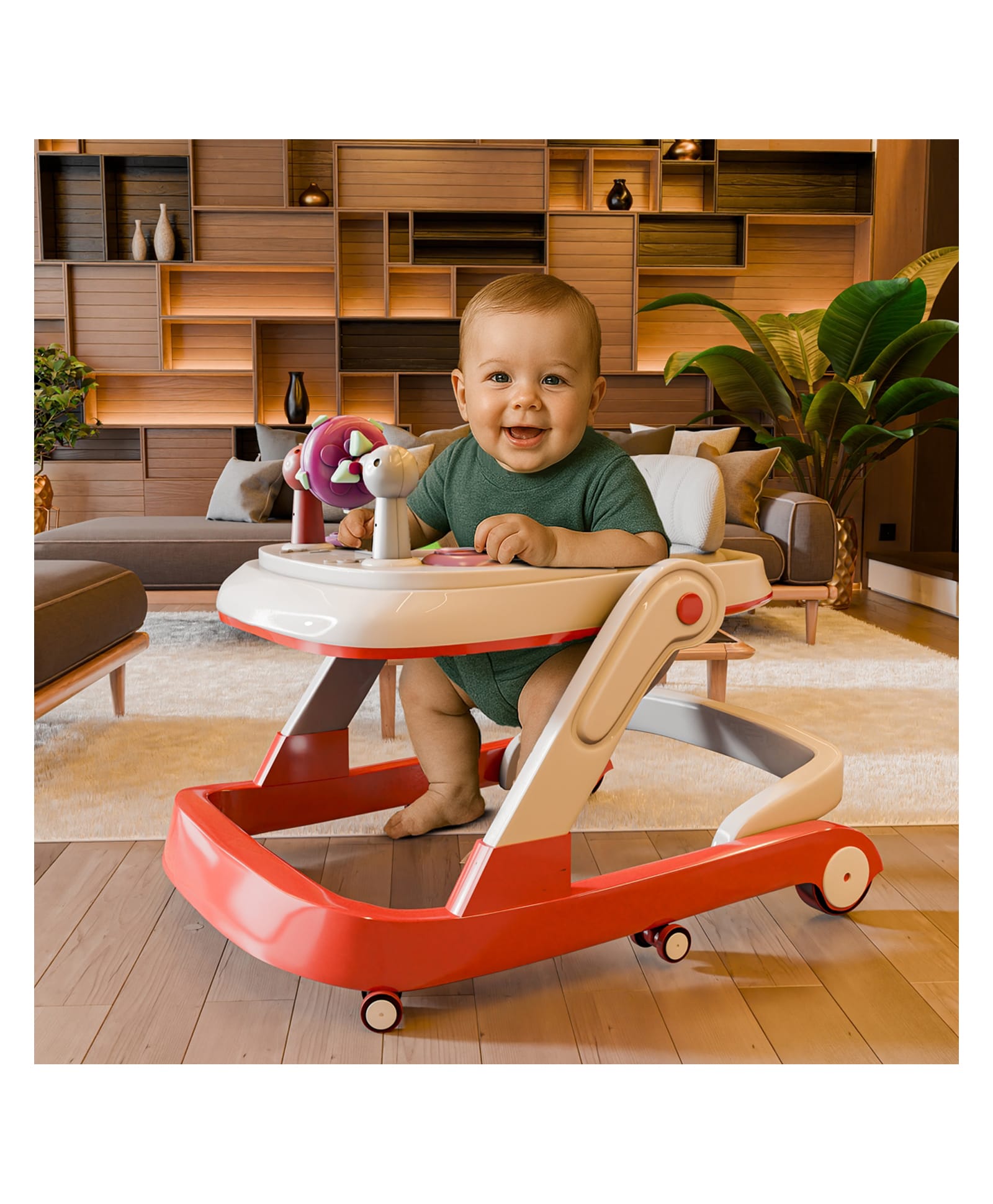 Cockatoo First Move 3-in-1 Baby Walker Adjustable Height, Rocker, Push & Activity Walker with Musical Toy Tray & Light, 6 Lockable Wheels, Foldable, Safe for 6-18 Months, up to 15kg - Red-image-35