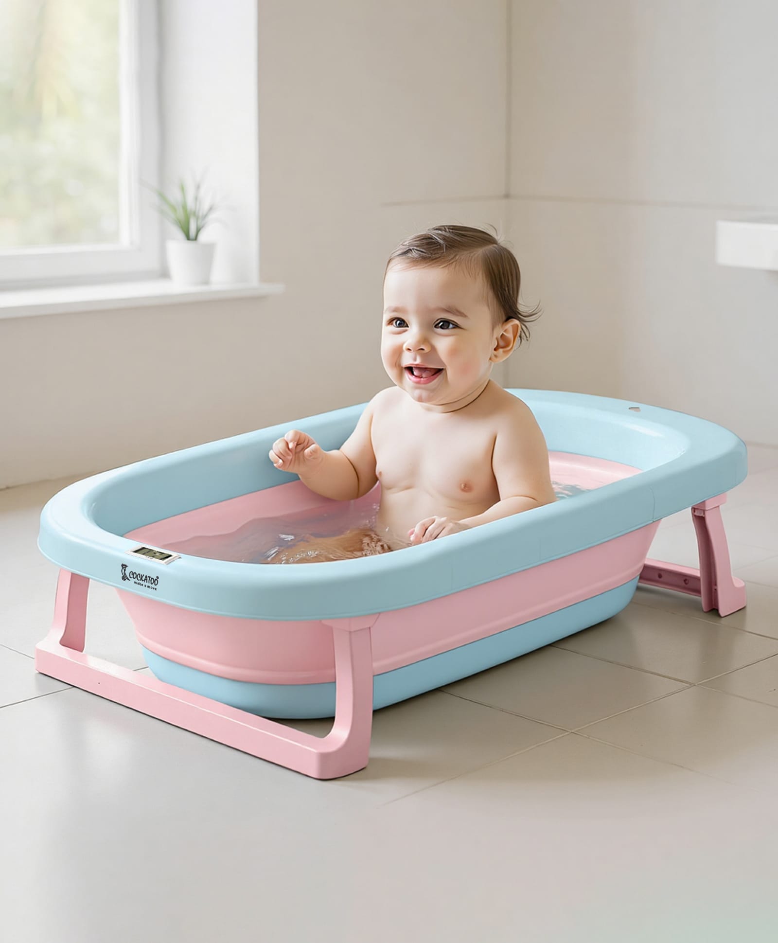 Cockatoo Kids DripDrop Foldable Baby Bath Tub with Thermometer Pillow & Soap Box Non Toxic PP Anti Slip Base Blue & Pink-picture-13