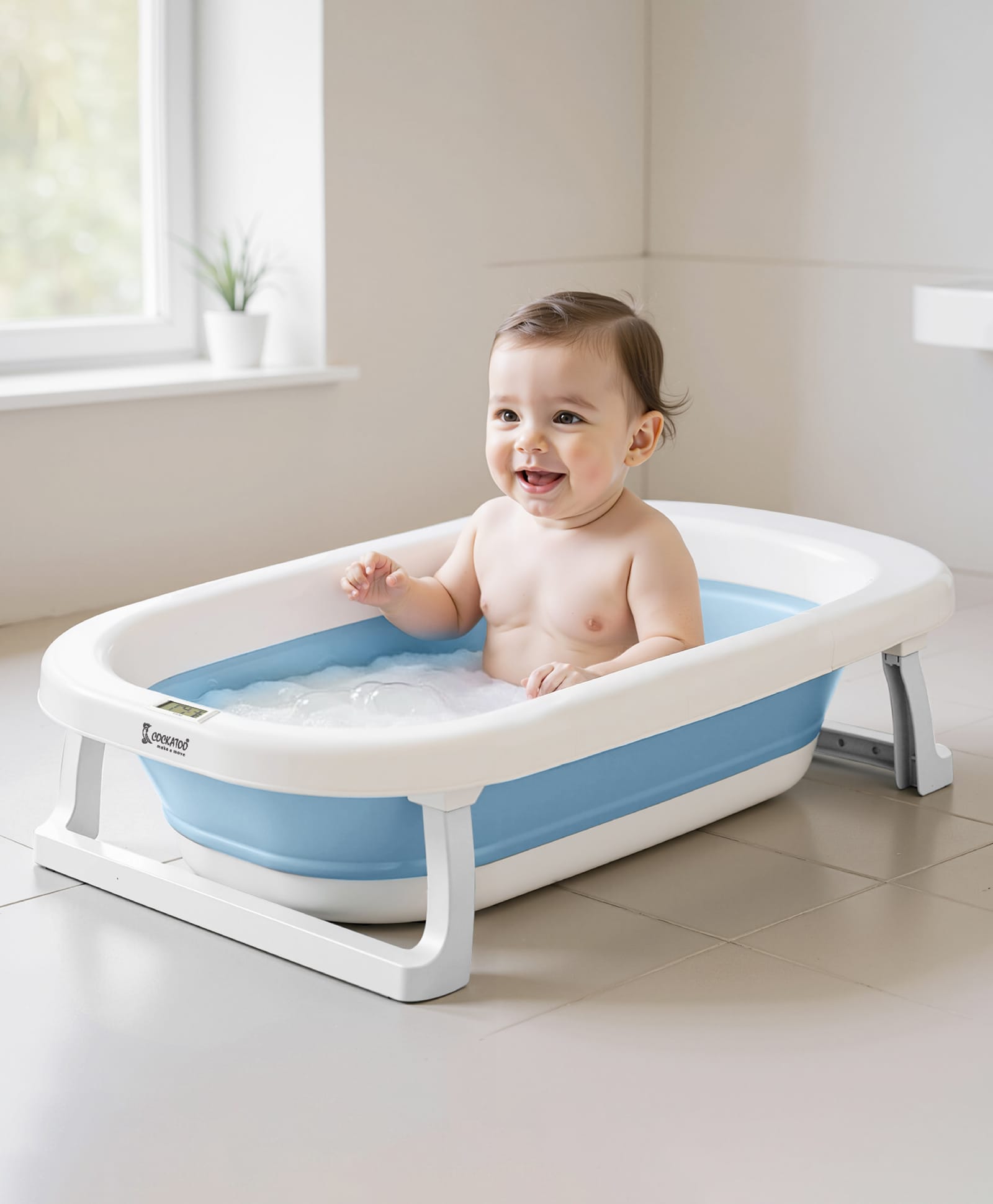 Cockatoo Kids DripDrop Foldable Baby Bath Tub with Thermometer Pillow & Soap Box Non Toxic PP Anti Slip Base Blue & White-image-18