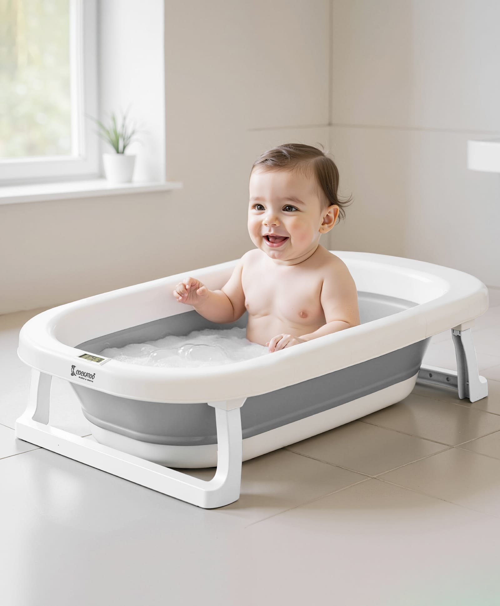 Cockatoo Kids DripDrop Foldable Baby Bath Tub with Thermometer Pillow & Soap Box Non Toxic PP Anti Slip Base Grey & White-picture-16