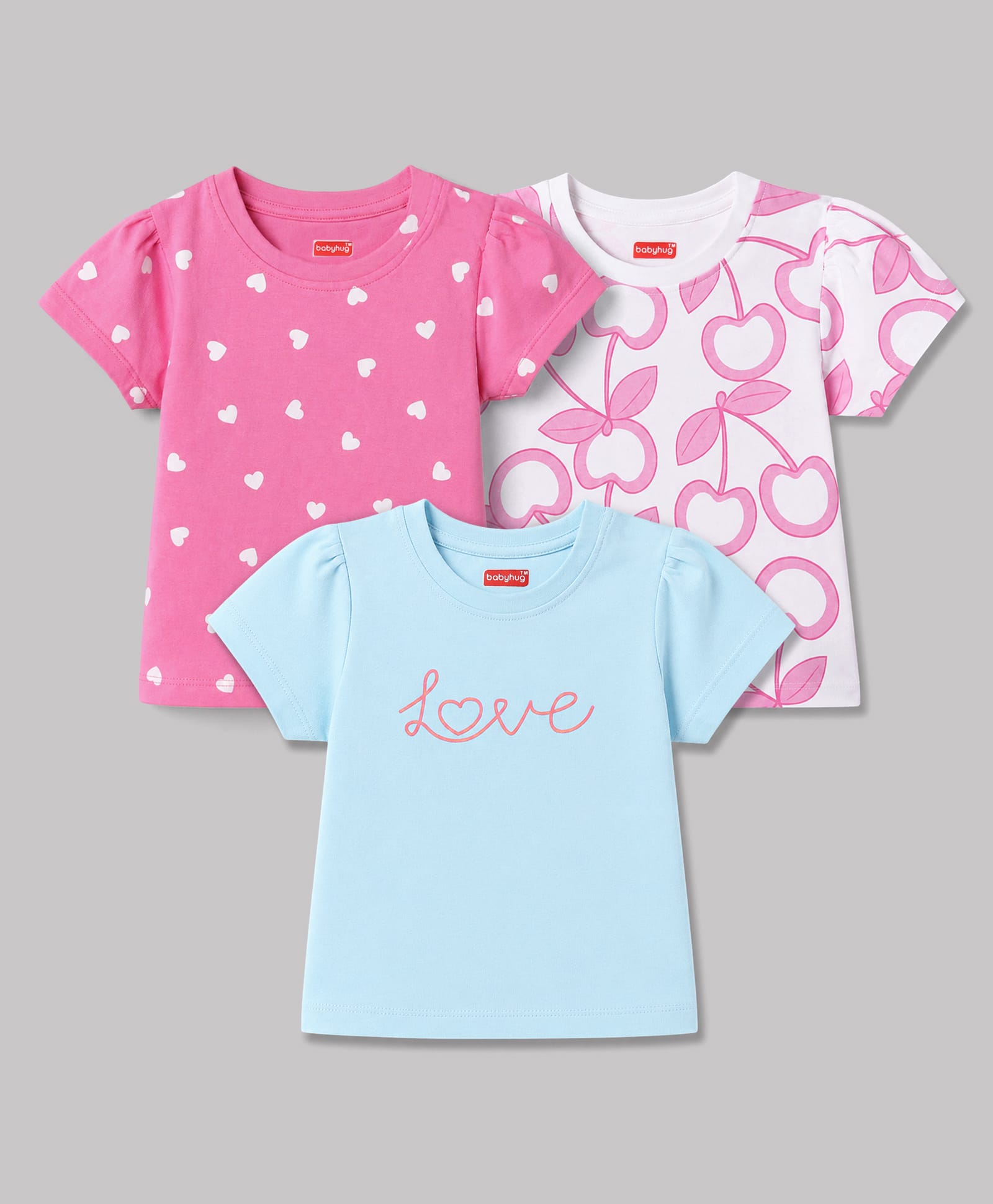 Babyhug Cotton Knit Half Sleeves T-Shirts With Heart & Text Print Pack of 3 - Multicolor-image-21