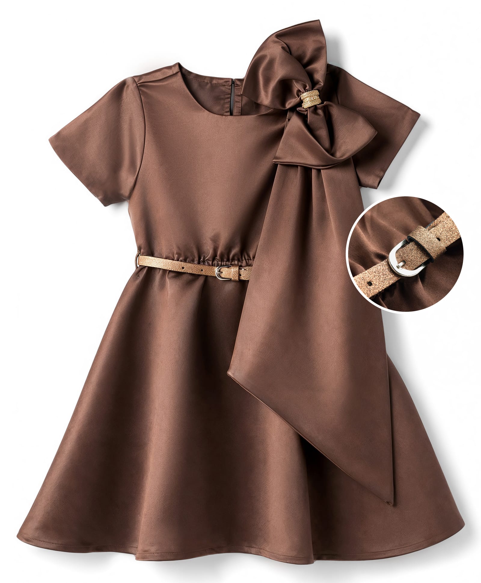 Hola Bonita Woven Half Sleeves Soild Party Dress with Bow Applique & Belt - Brown-image-43