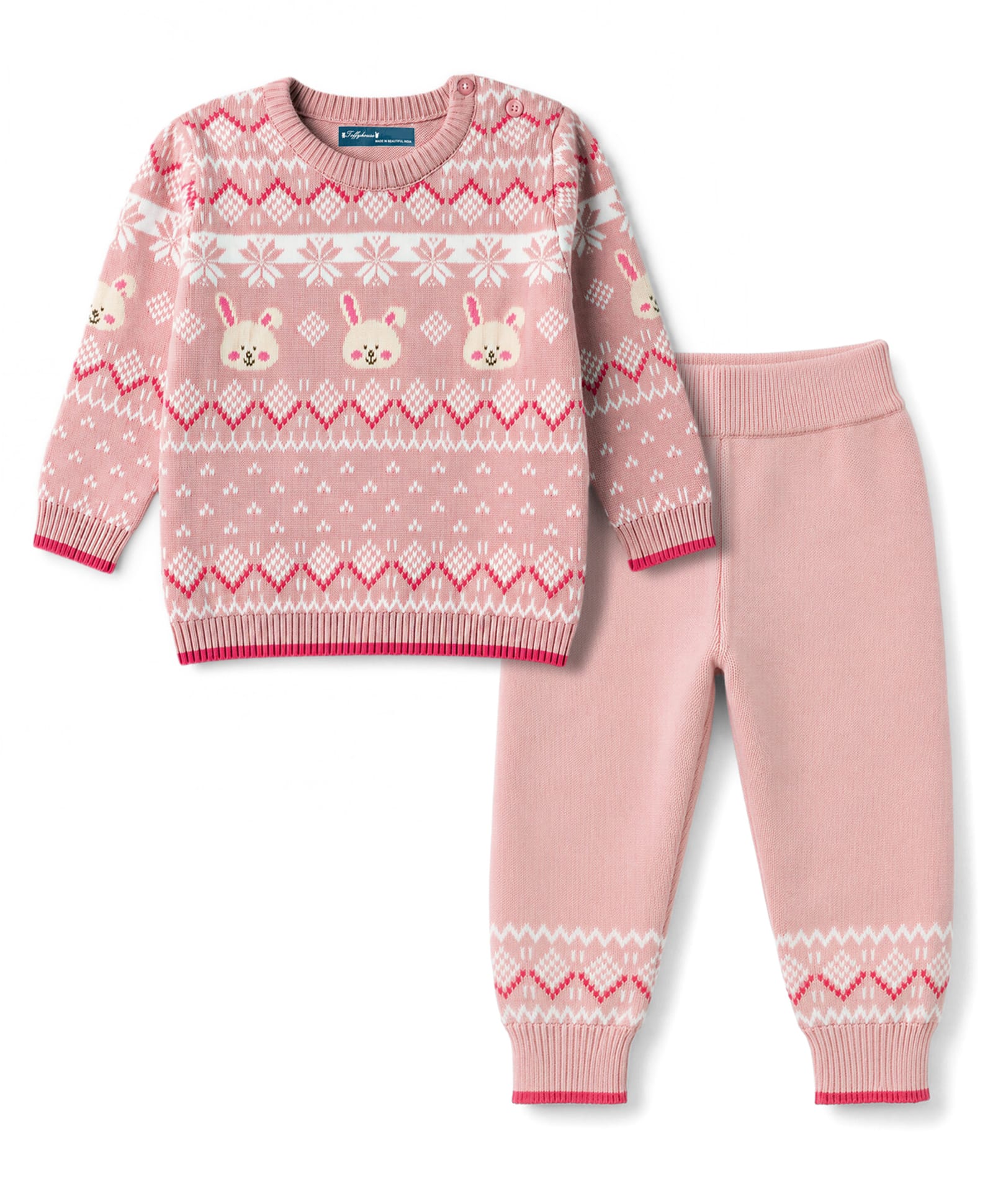 ToffyHouse Knit Full Sleeves Bunny & Floral Design Sweater Set - Light Pink-picture-43