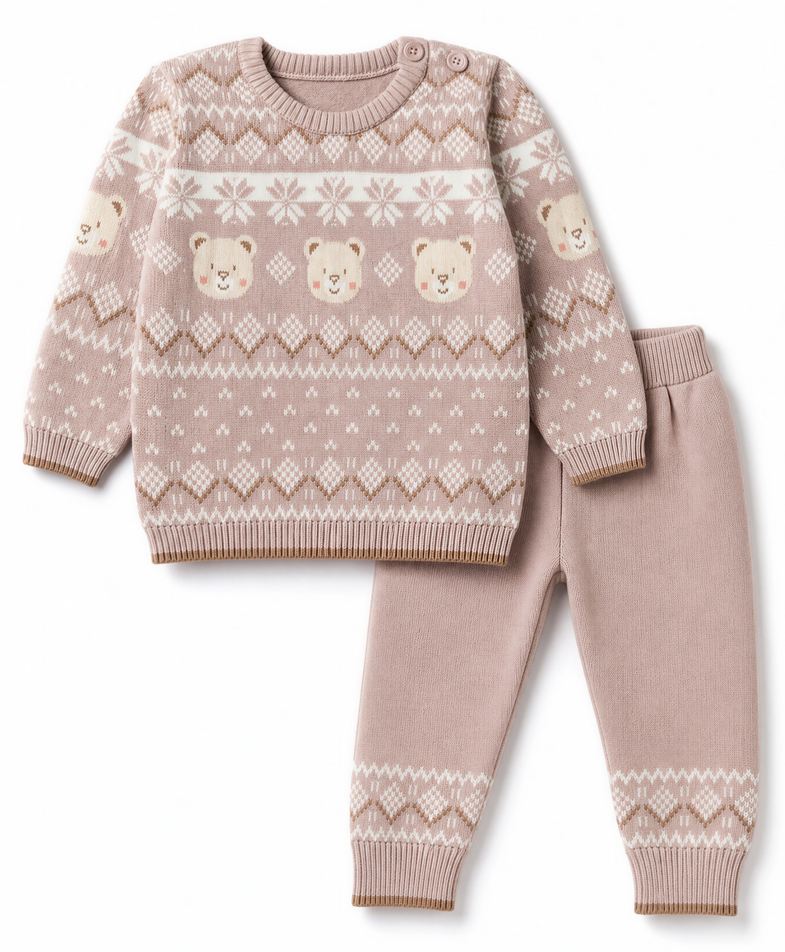 ToffyHouse Knit Full Sleeves Sweater Set with Argyle & Bear Design - Tan-picture-8