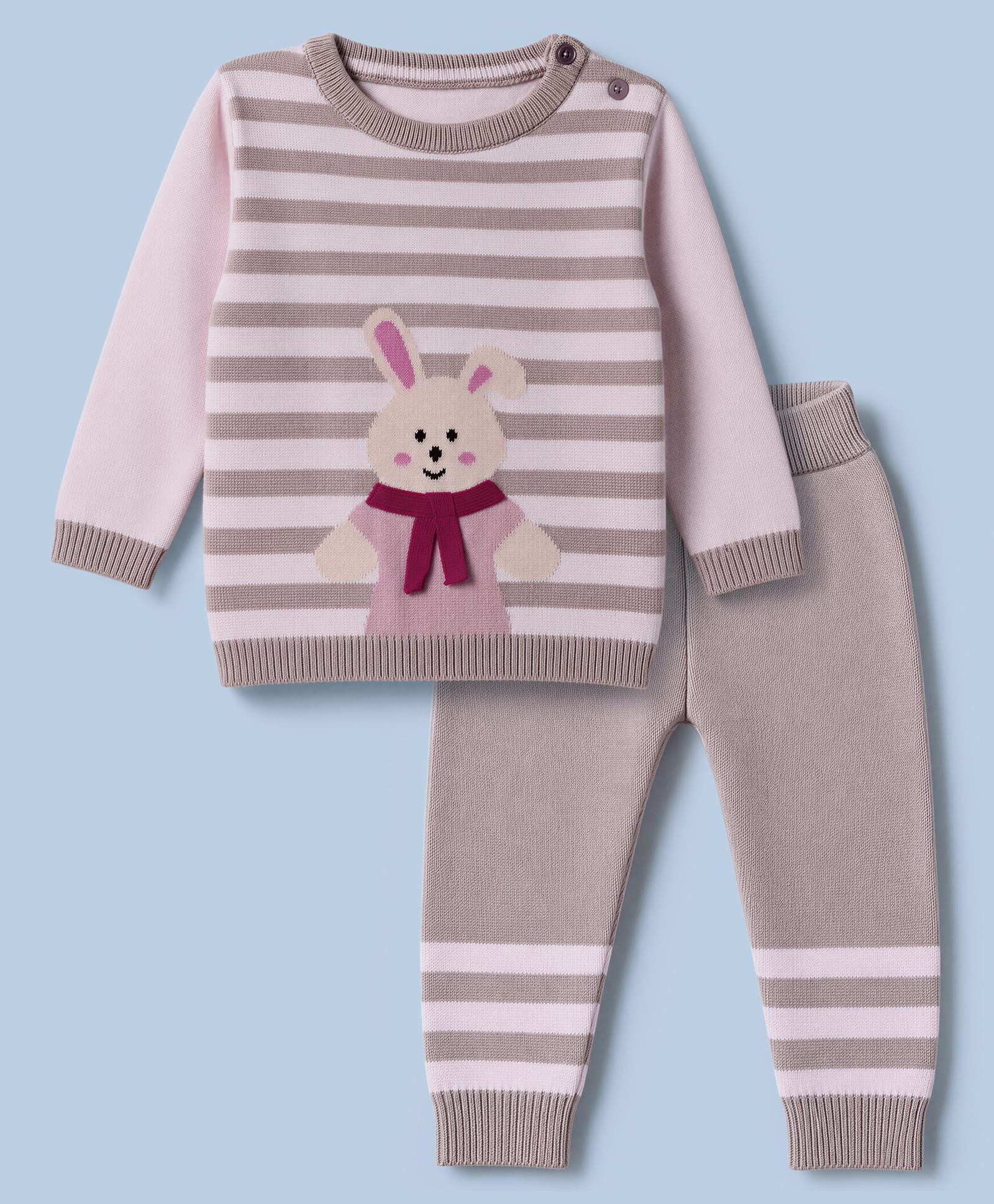 ToffyHouse Female Knit Full Sleeves Sweater Sets with Striped & Bunny Design - Light Pink-picture-12