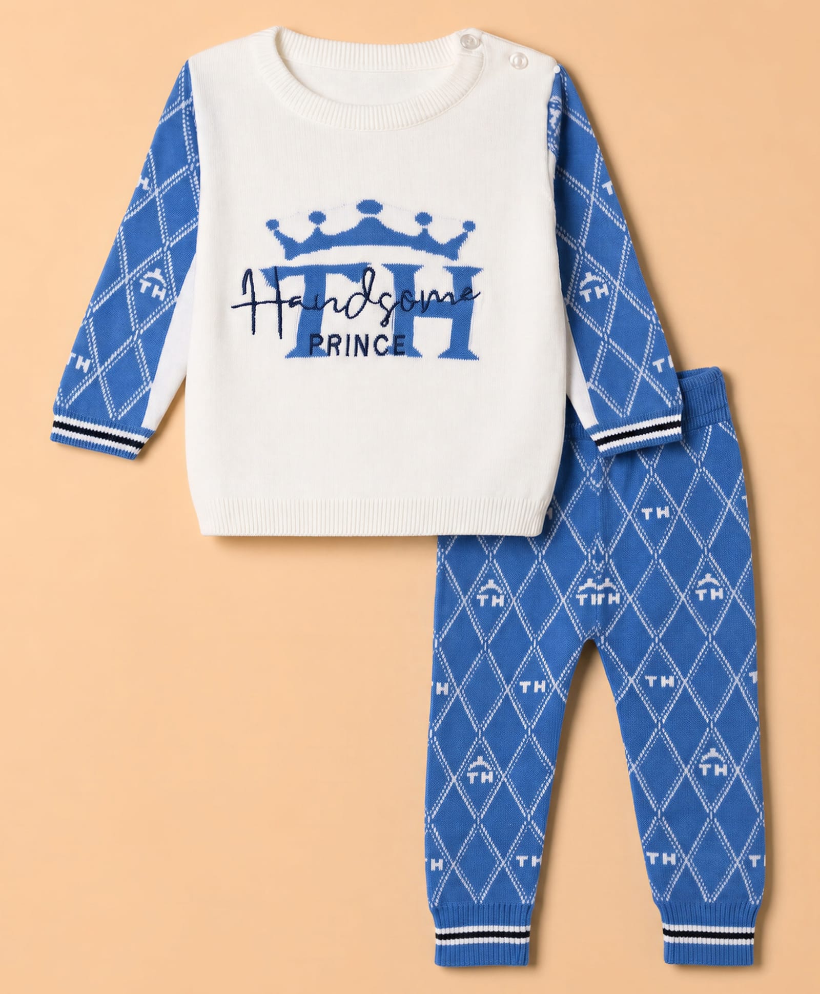 ToffyHouse Knitted Full Sleeves Text Embroidered Sweater Set- Blue & White-image-48