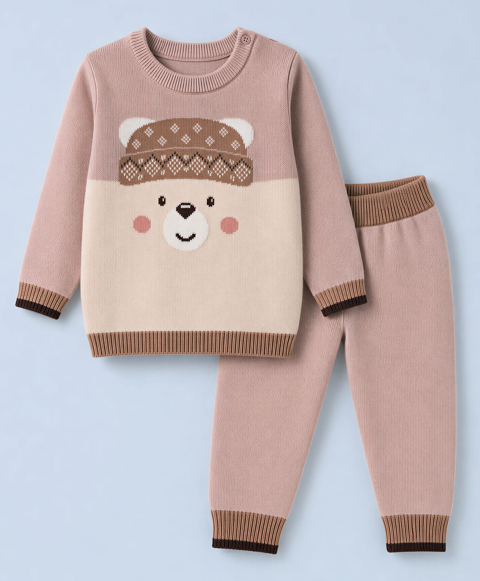 ToffyHouse Knit Full Sleeves Baby Sweater Set with Bear design - Beige-image-44