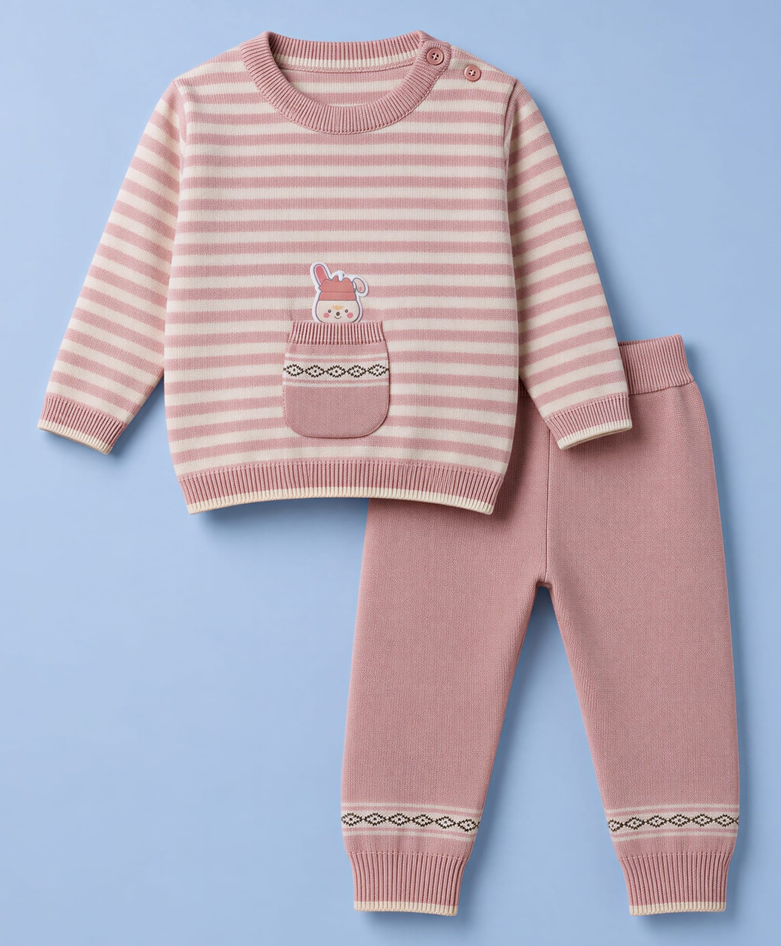ToffyHouse Knit Full Sleeves Baby Sweater Set with Striped Design & Bunny Patch - Pink-image-22