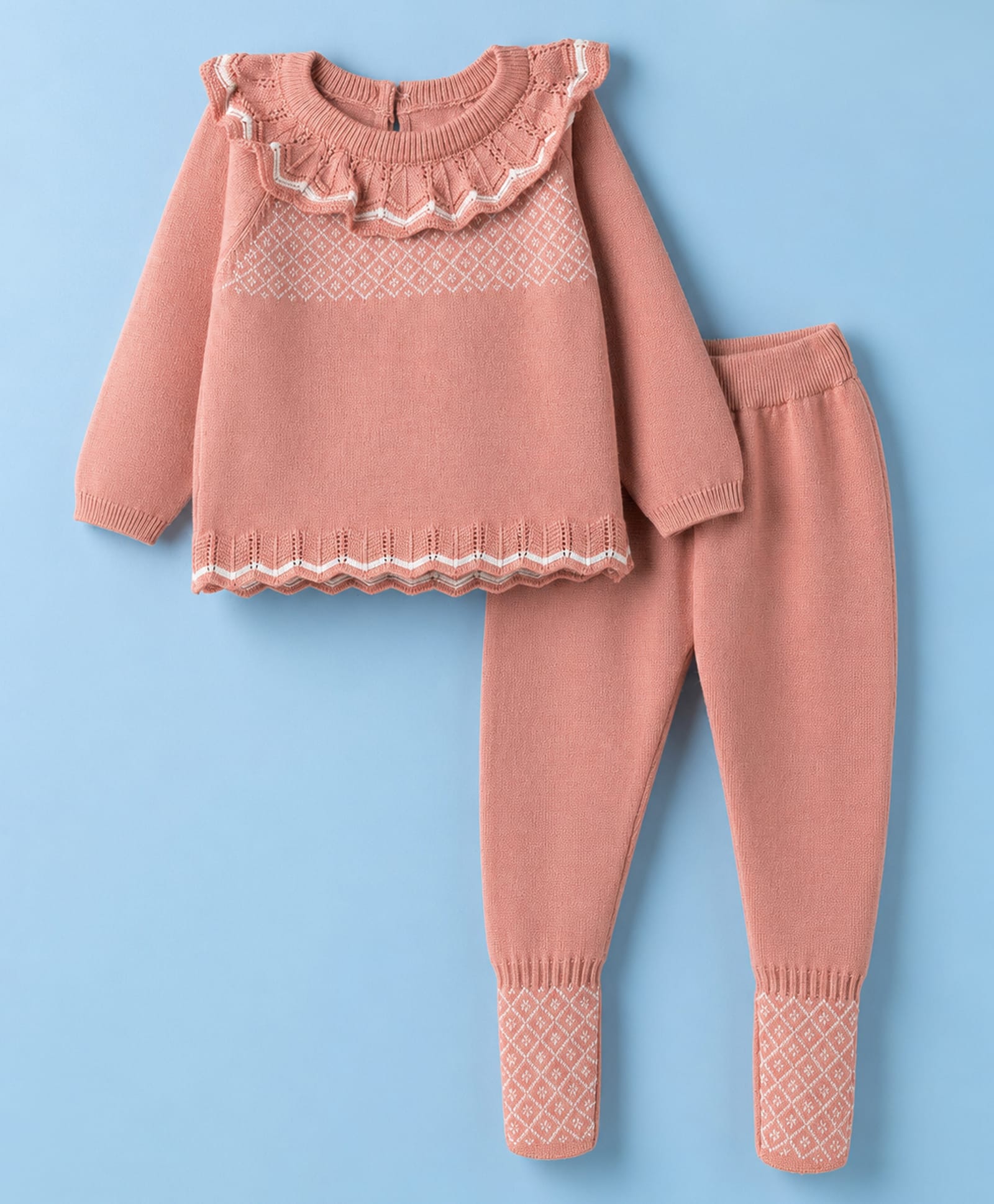 ToffyHouse Knit Full Sleeves Sweater Set with Frill Detailing - Dark Peach-image-35