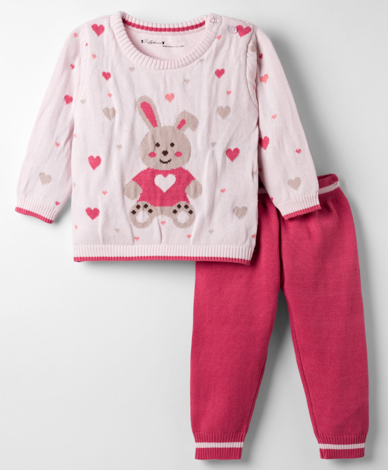ToffyHouse Knitted Full Sleeves Sweater Set With Bunny & Hearts Design - Light Pink-image-45