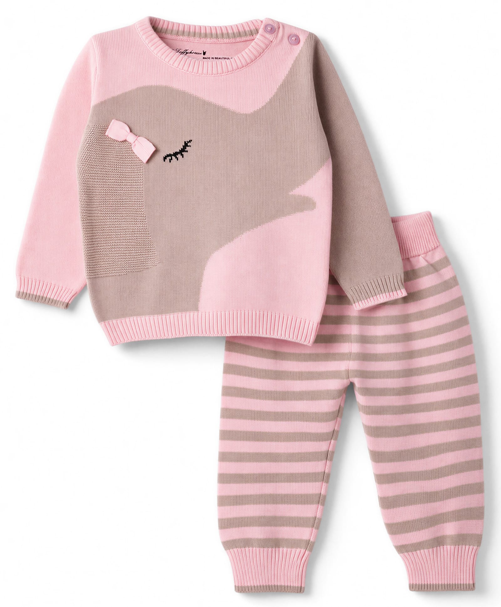ToffyHouse Knit Full Sleeves Sweater Set with Elephant Design with Bow- Pink-picture-6
