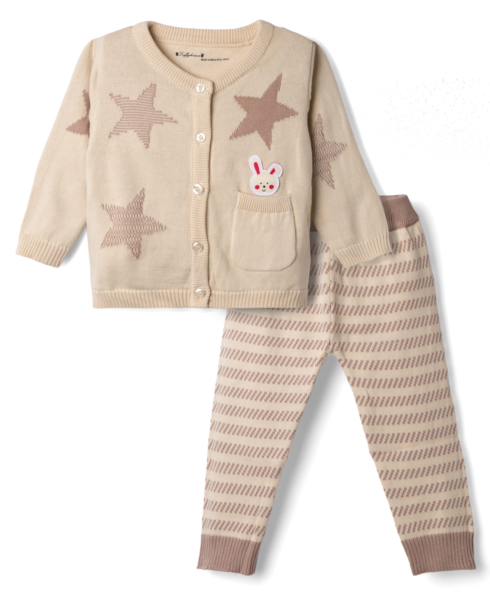 ToffyHouse Knit Full Sleeves Star Design Sweater Set with Bunny Applique -Tan-picture-37