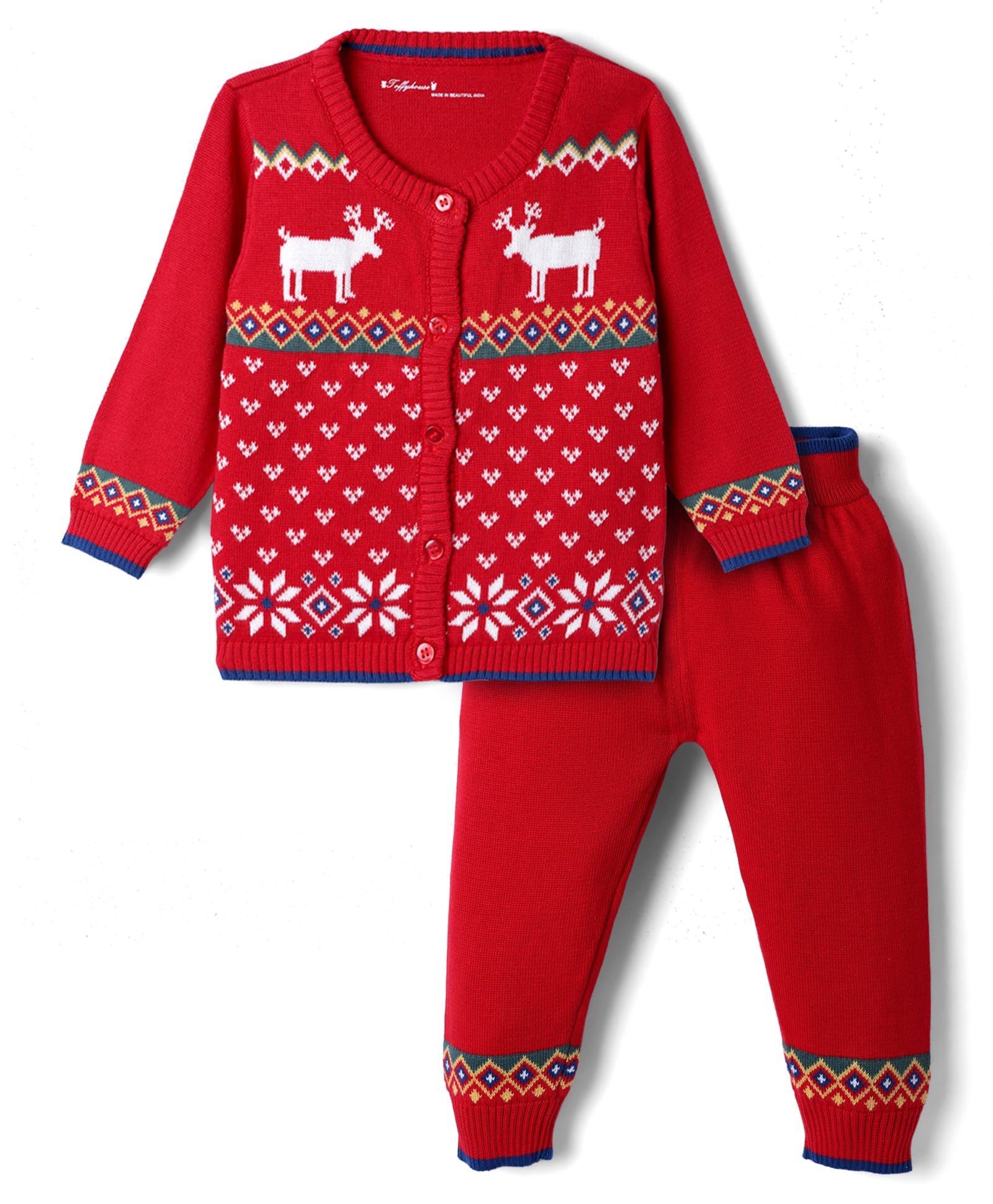 ToffyHouse Knit Full Sleeves Reindeer Design Sweater Set - Red-image-26