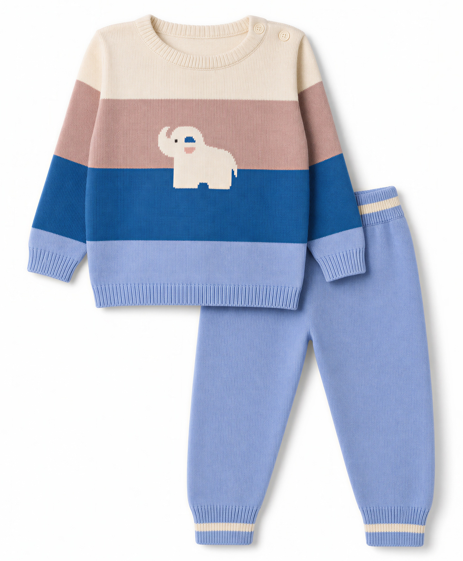 ToffyHouse Knit Full Sleeves Sweater Set with Colour Block & Elephant Design -Light Blue-picture-38